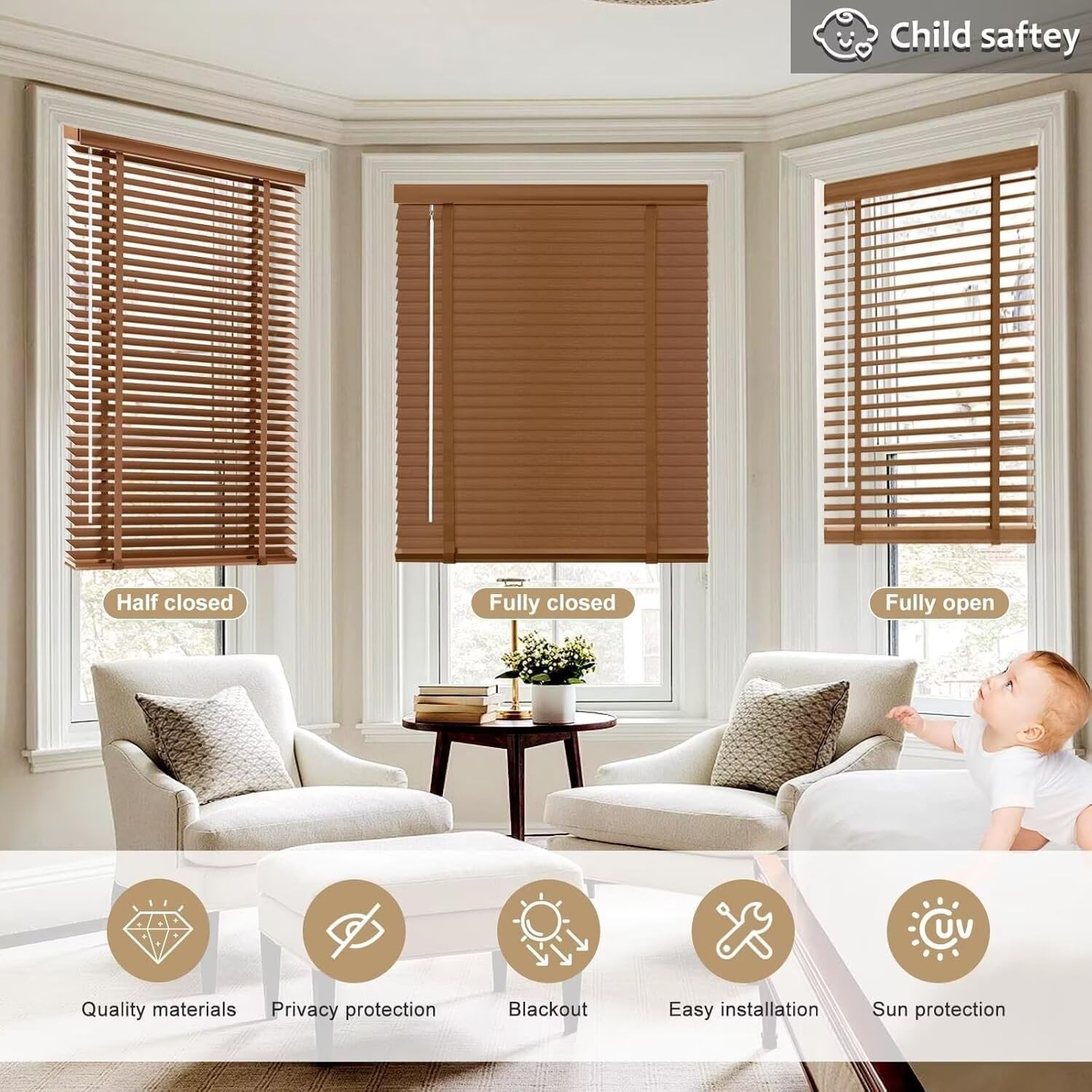 2″ Cordless Solid Wood Blinds for Indoor Window,52.5″ W x 60″ H Real Wooden