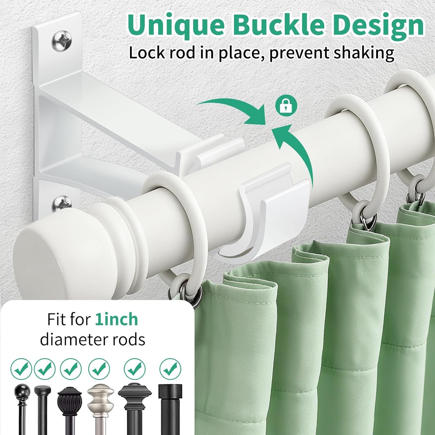Curtain Rod Brackets Set of 4 White Heavy Duty Single Rod Holders Hooks 1 Inch
