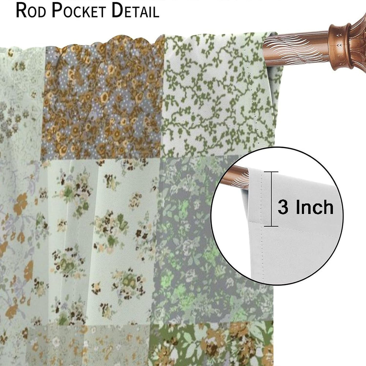 Boho Floral Patchwork Curtains, Green Farmhouse Patchwork Quilted Country Check