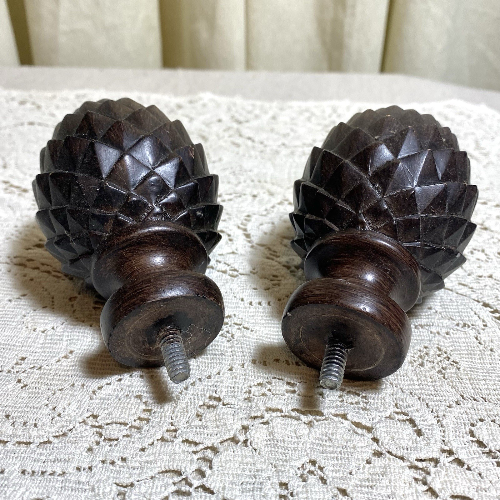 Pair of Decorative Finials Dark Brown Screw-On Curtain Drapery Rod Ends 4” Long