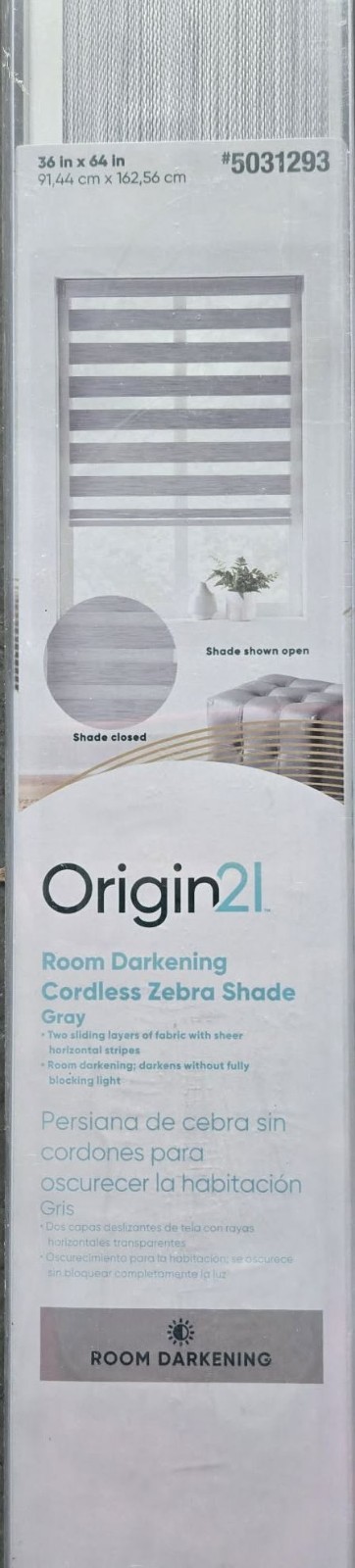 Origin 21 36-in x 64-in Gray Room Darkening Cordless Zebra Roller Shade NEW