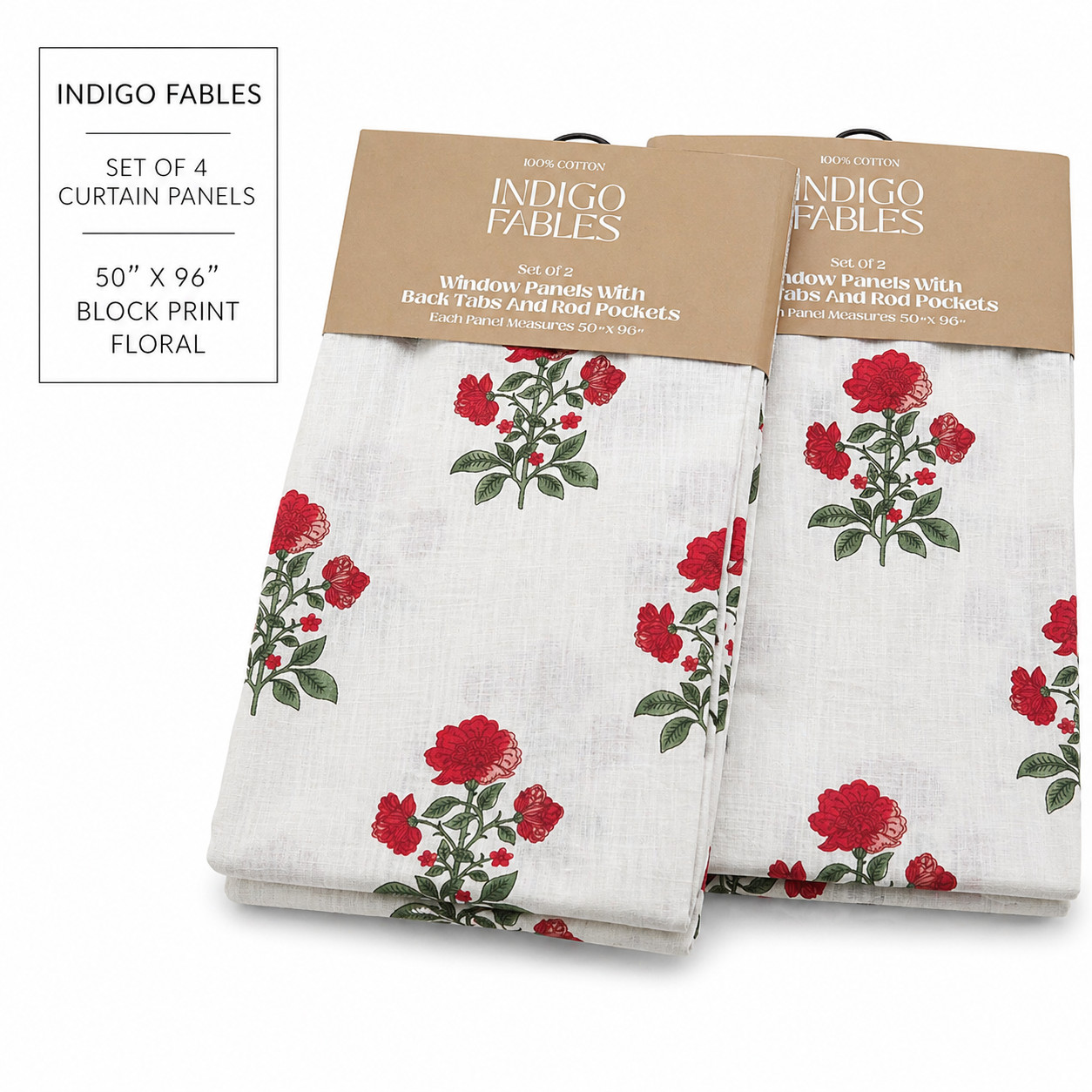Indigo Fables Set of 4 Block Print Floral Curtains 50×96 Farmhouse Cottage