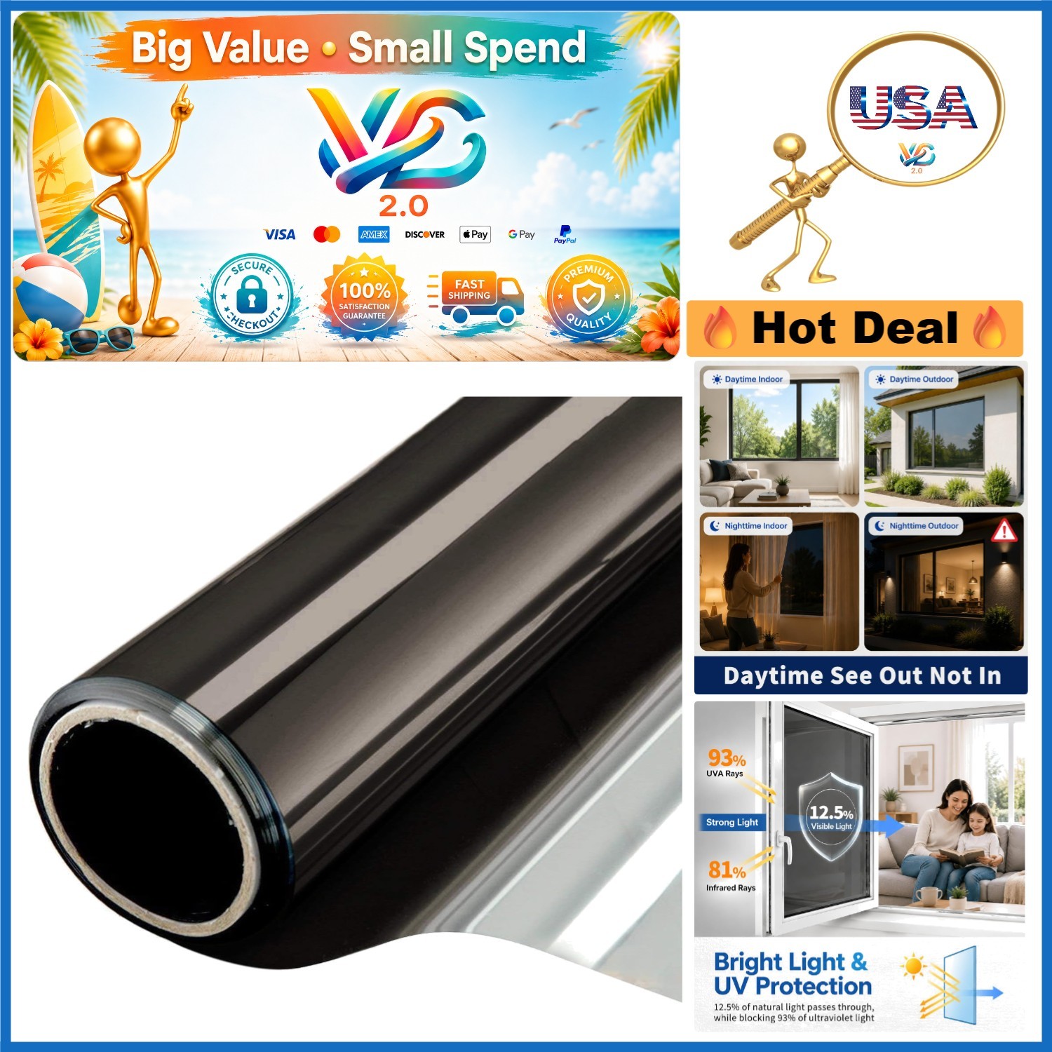 Black Silver Daytime Privacy Window Film 17.5×6.5Ft Heat UV Blocking Static C…