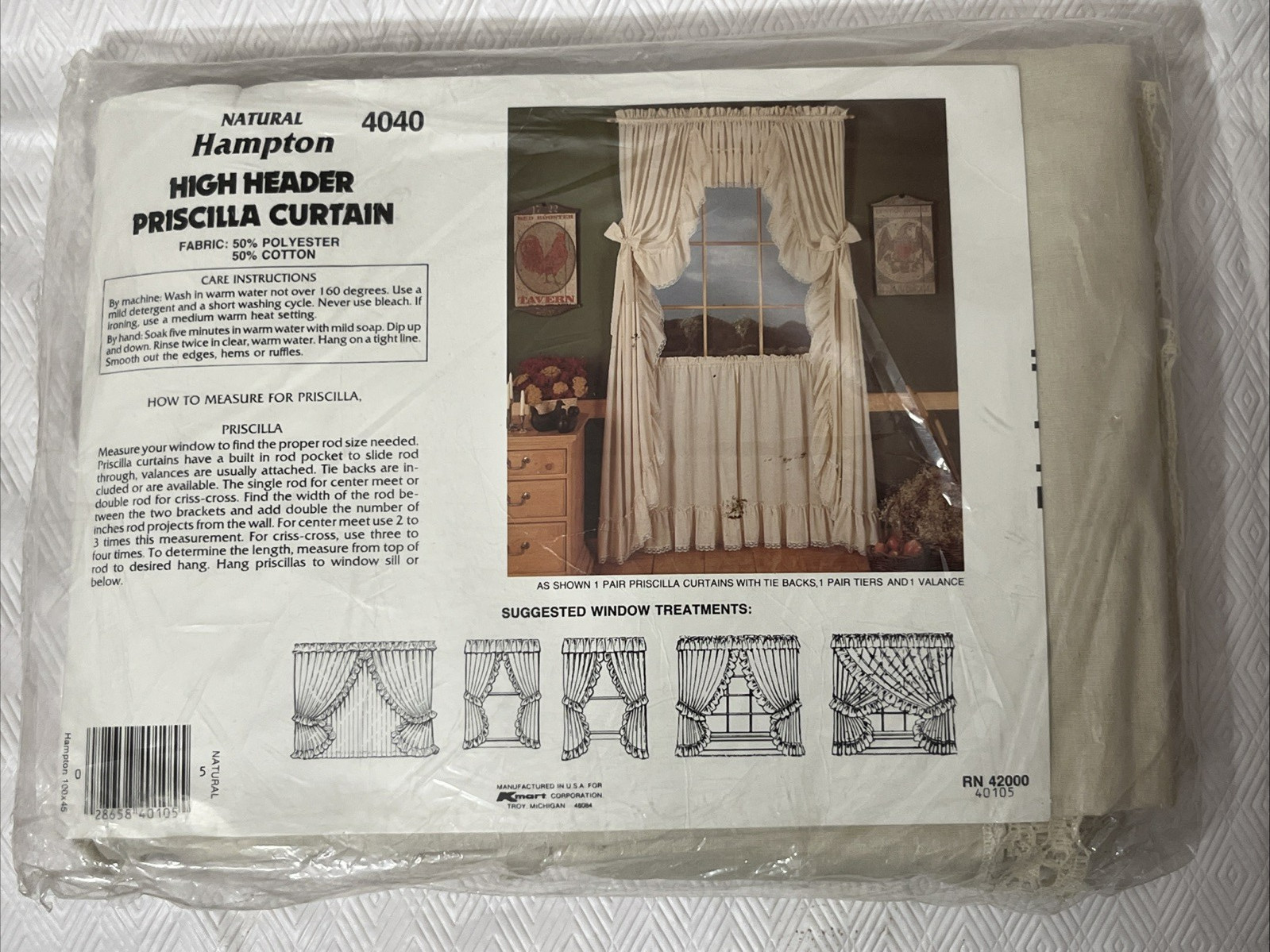 Vtg High Header Hampton Pricilla Curtains With Tie Backs 100×45 Natural Kmart