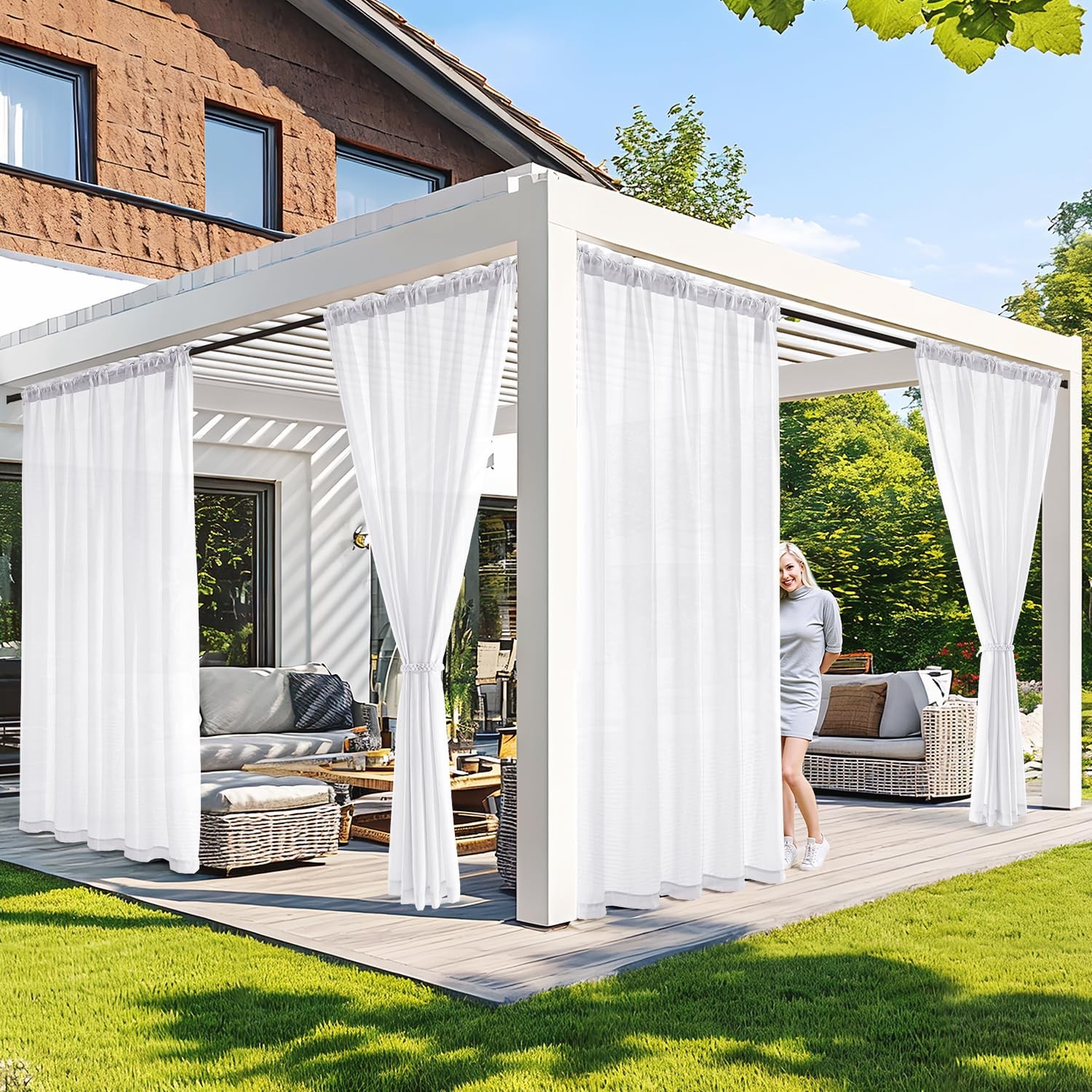 White Privacy Outdoor Curtains Waterproof Non-See-Through Semi Sheer 2 Panels…