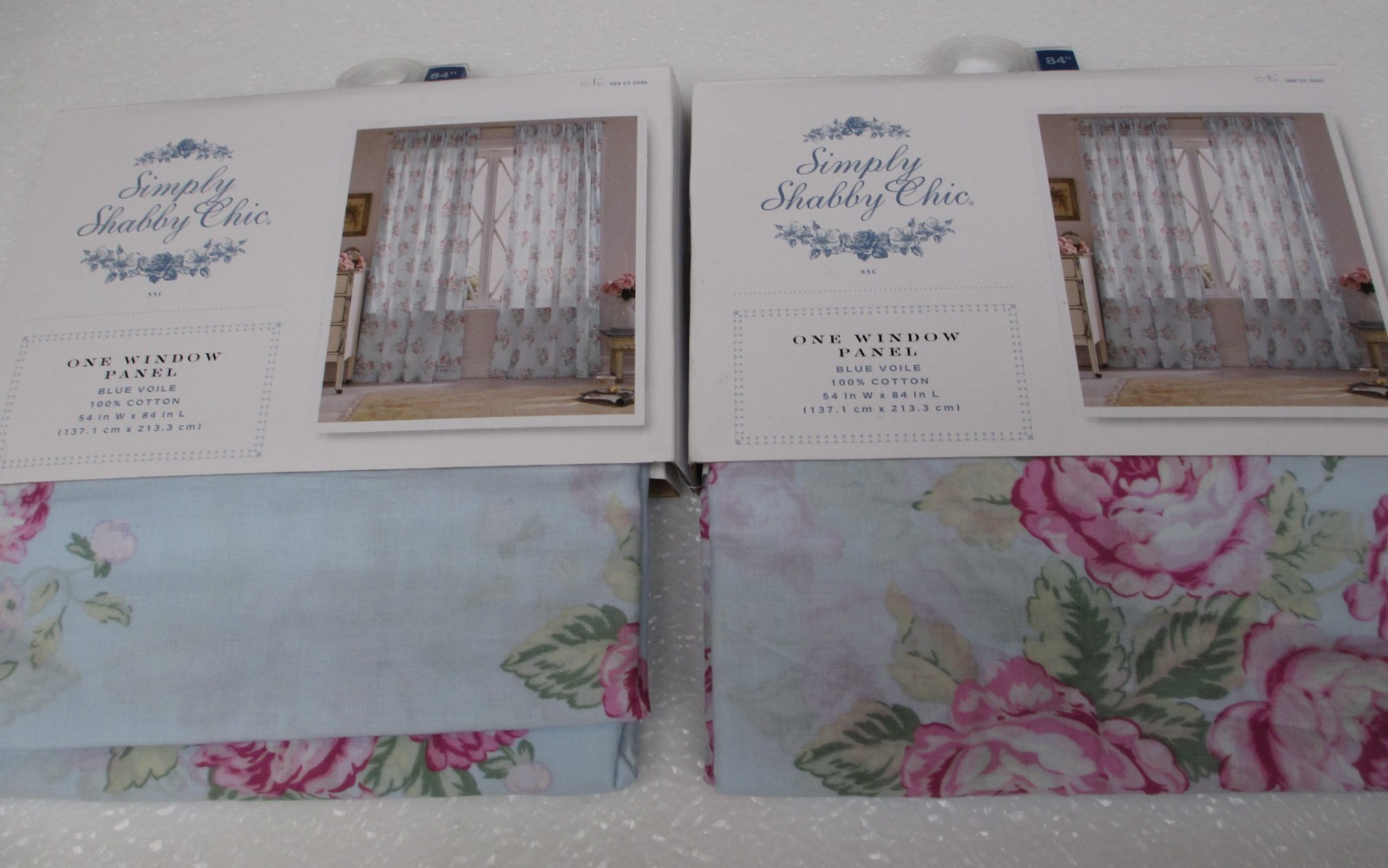 Simply Shabby Chic Blue Voile Cabbage Rose Floral Panels Curtains Drapes Pair