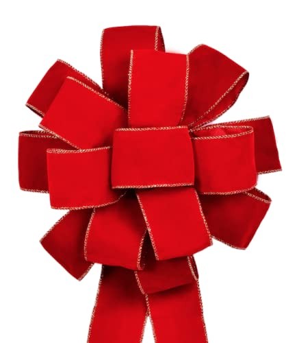 3pcs Red Velvet Ribbon Christmas Bows with Golden Wire, Handmade(26″x 12″) Wi…