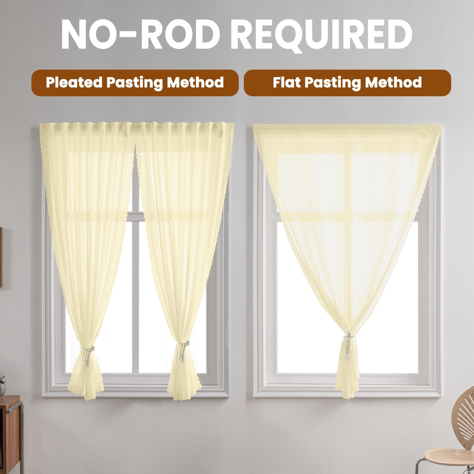 Adhesive Beige Gauze Sheer Curtains, Light-Filter Privacy Fabric, Foldable Ho…