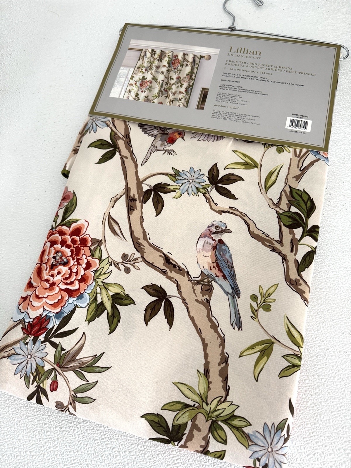 Lillian August Window Curtains 2 Panels 38 x 96″ Cream Birds Drapers Back Tab