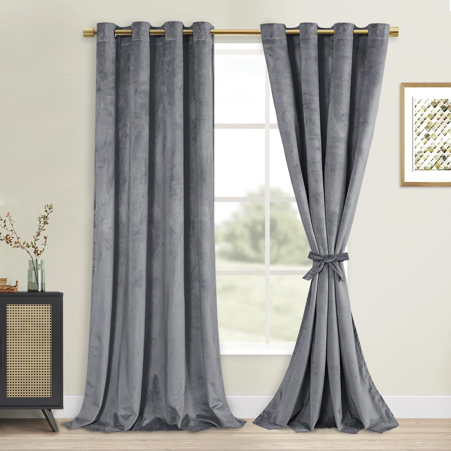 Grey Velvet Curtains 84 Inches Long with Tiebacks – Thermal Insulated