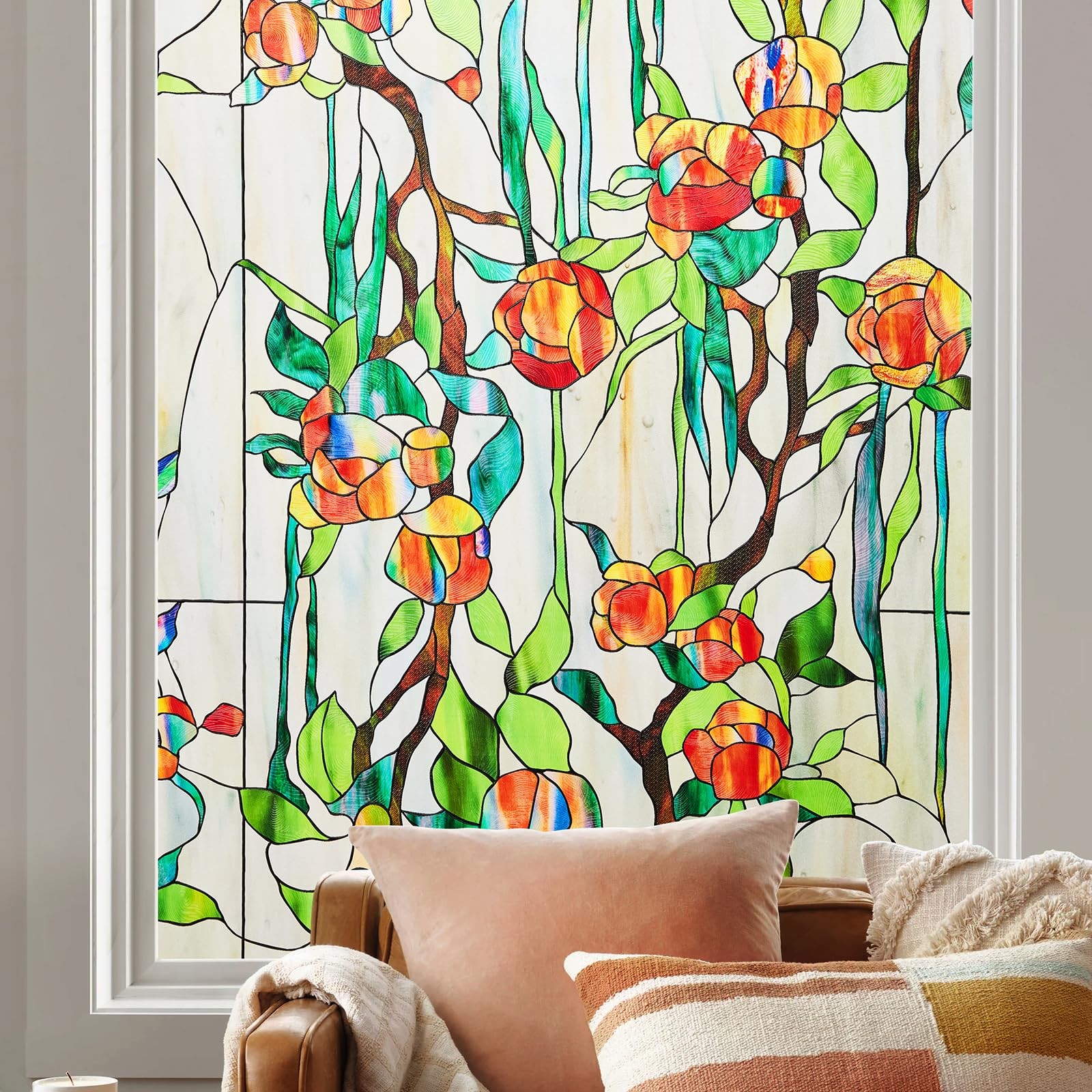 Window Privacy Film Stained Glass Faux 3D Rose Decorative UV Sun Blocking Sta…