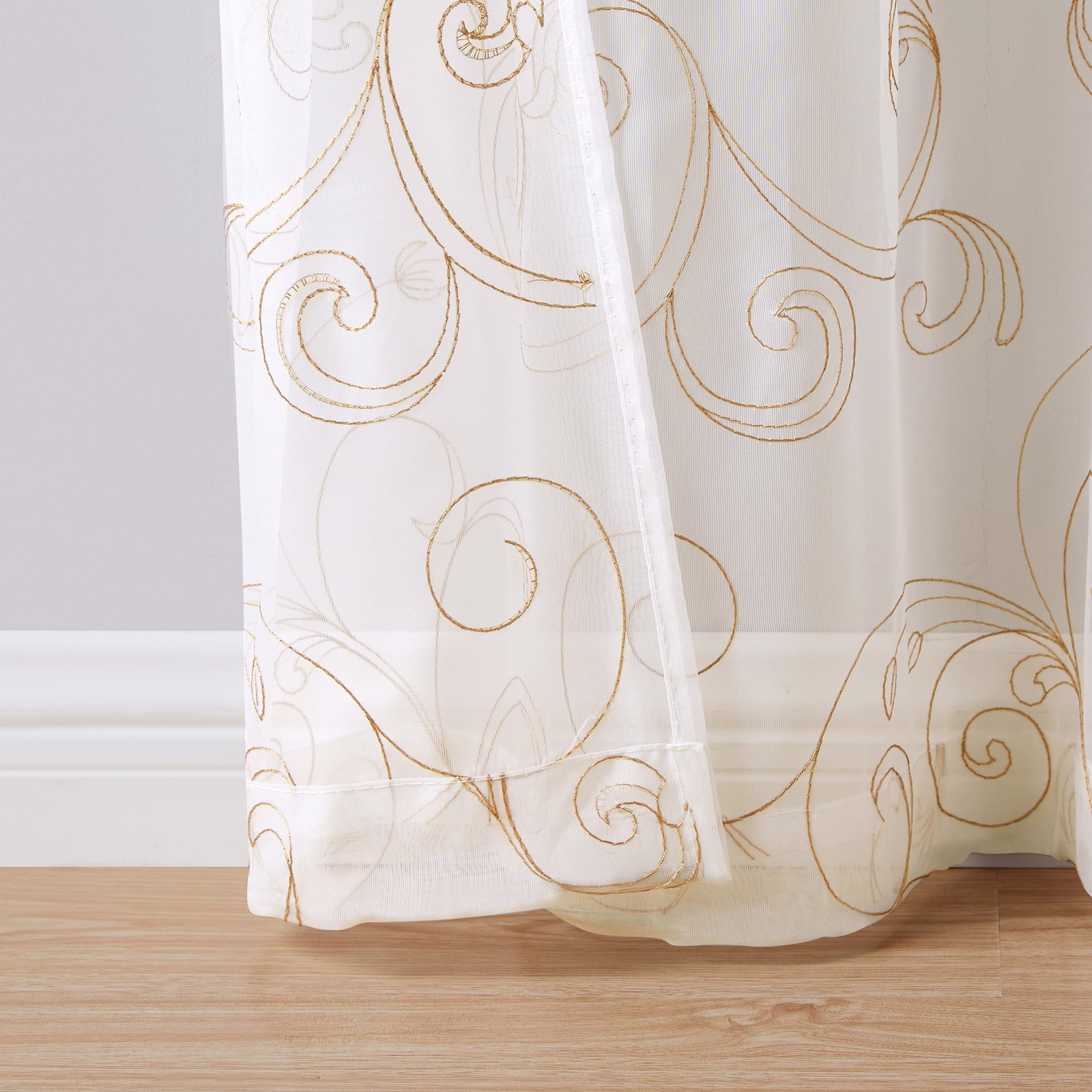 Scroll Rod Pocket Sheer Curtain Panel, 1-Piece, White/Grey, 38″ W x 63″ L