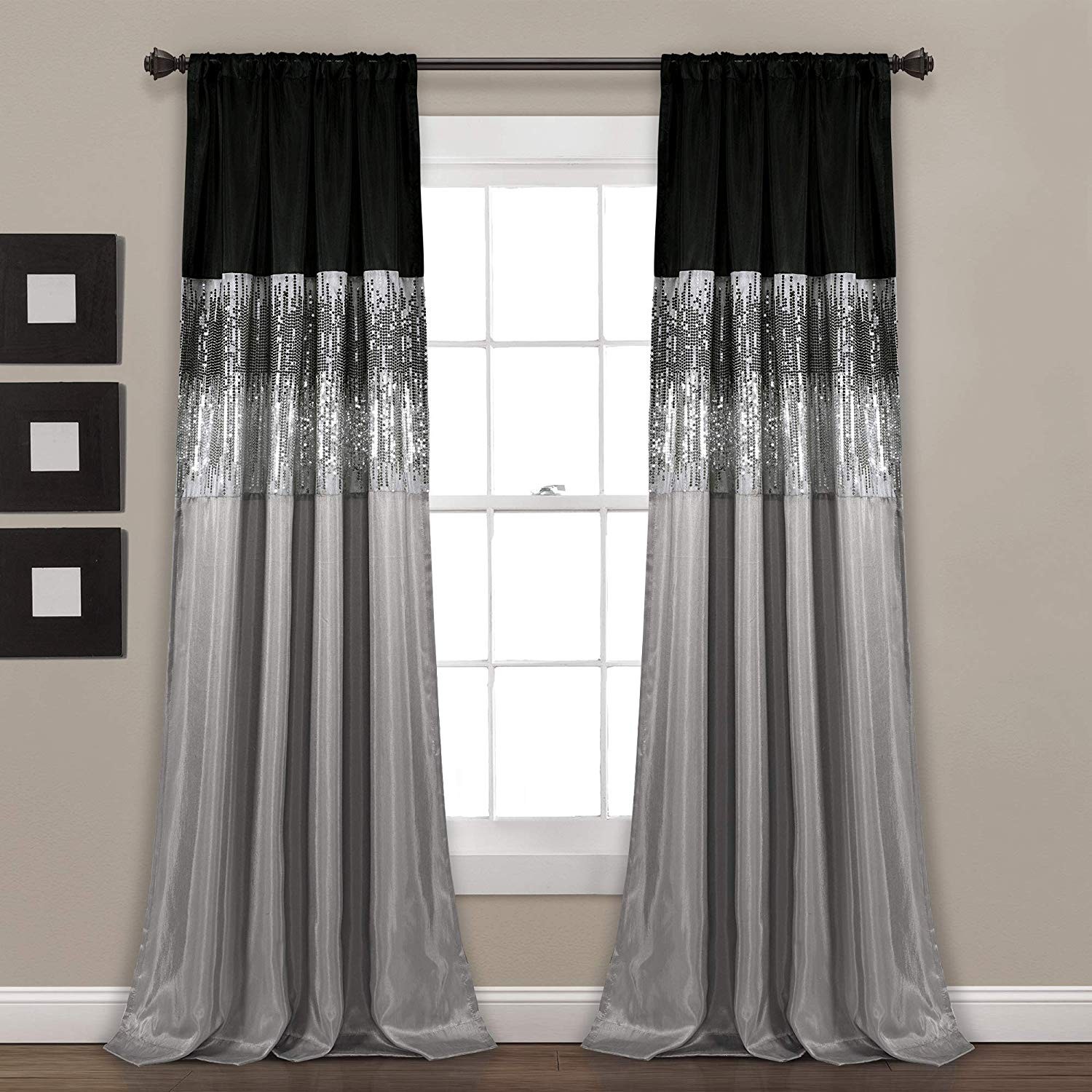 Set 2 Black Silver Gray Sequin Striped Curtains Panels Drapes 84 in L Rod Pocket