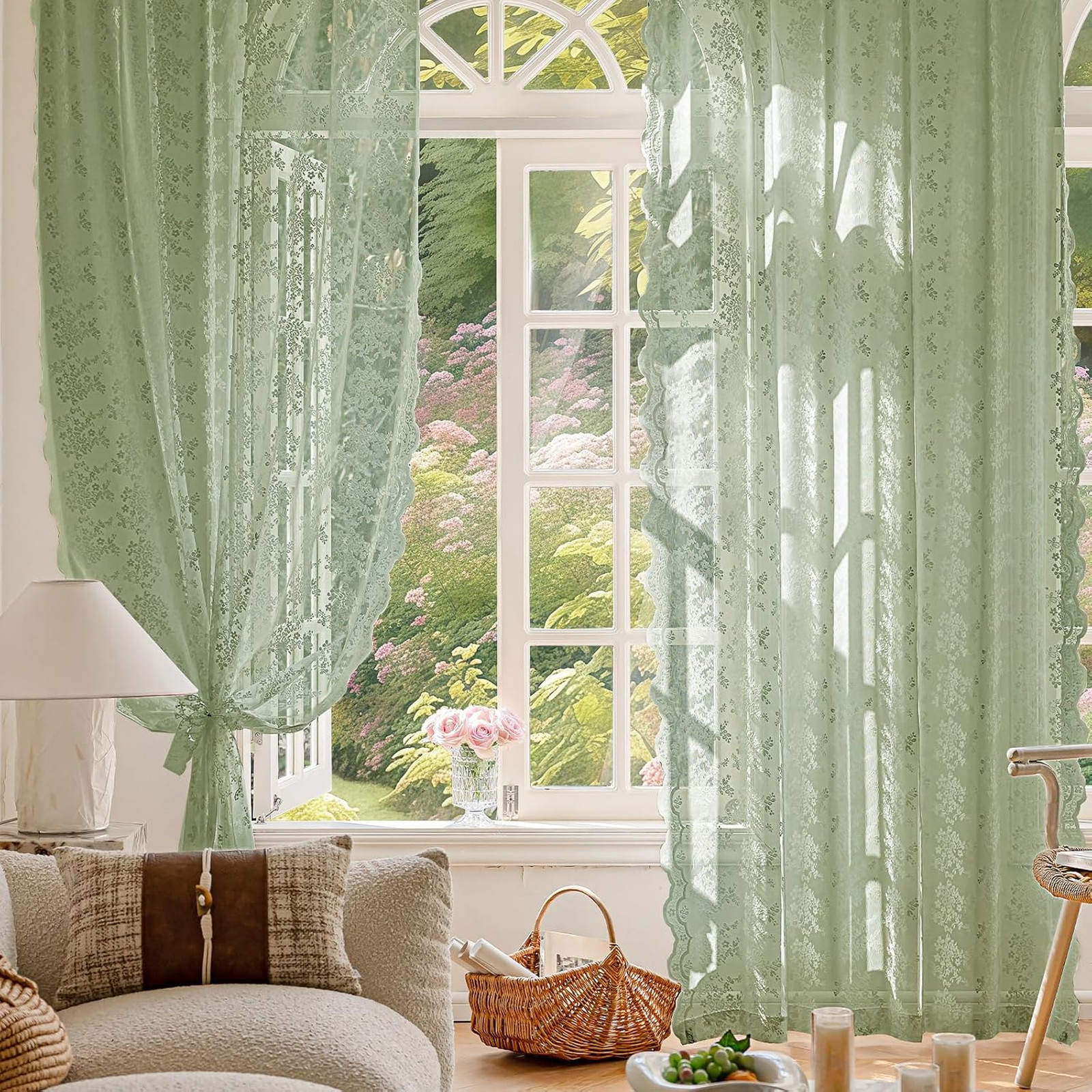 Vintage Sage Green Lace Curtains 63 Inch Long 2 Panel Set Light Filtering Semi