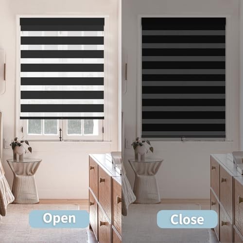 Cordless Zebra Blinds for Windows (32″ W X 72″ H) Free-Stop 32″W x 72″H Black