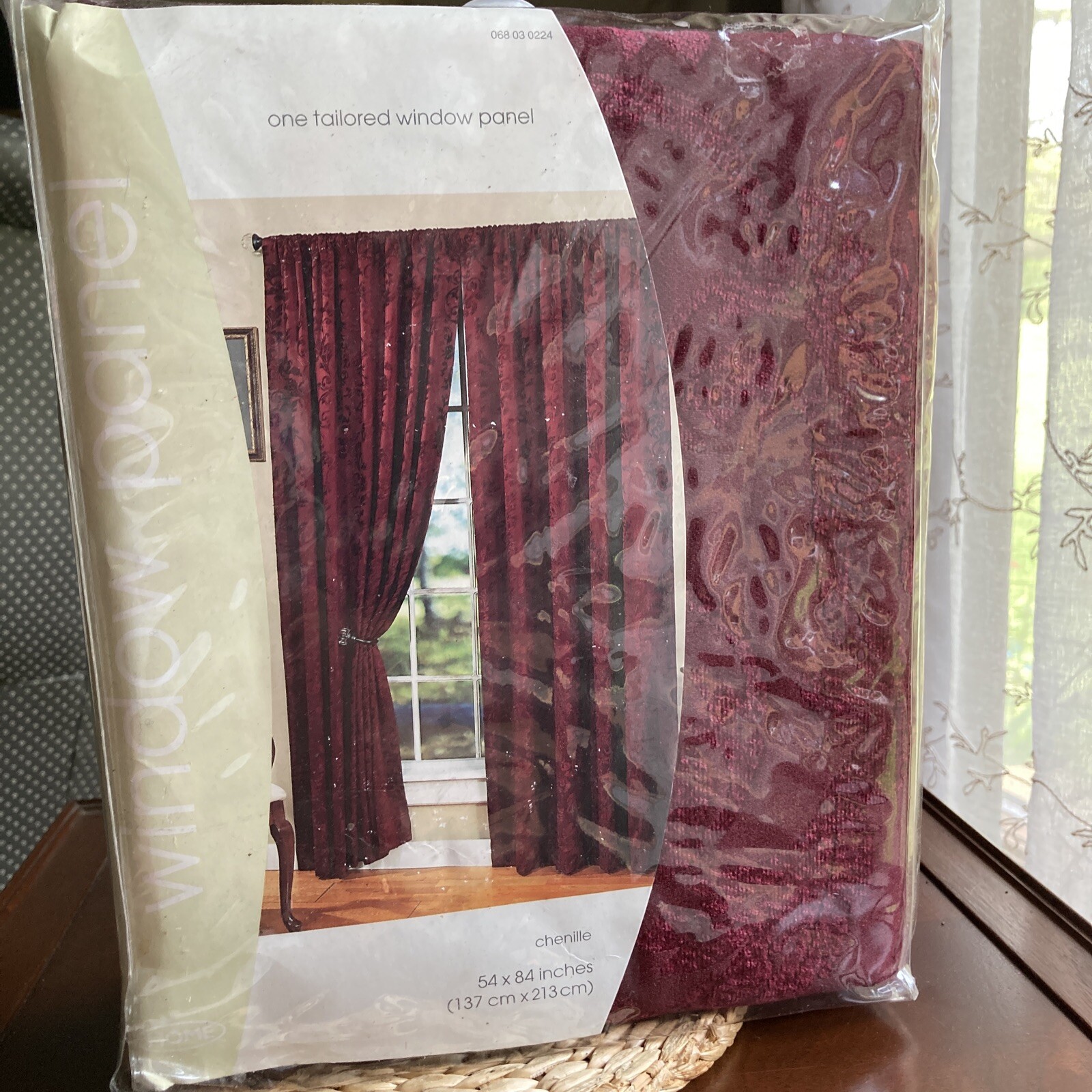 Chenille One Window Panel Rod Pocket 54 in W x 84 in L Burgundy Scroll NEW
