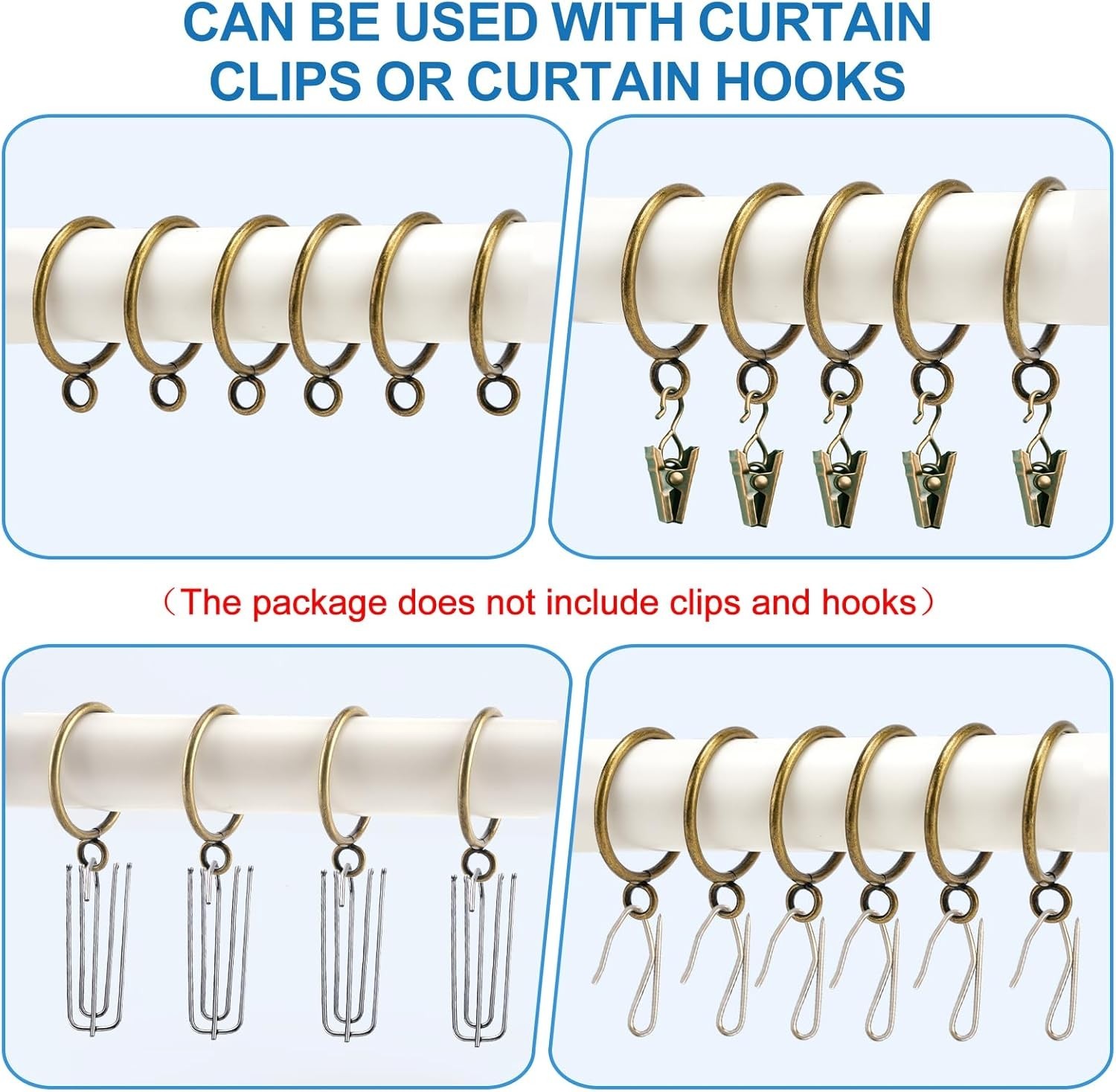 44 Pack Heavy-Duty Curtain Rings – Metal Drapery Rings in Glossy Antique Bronze