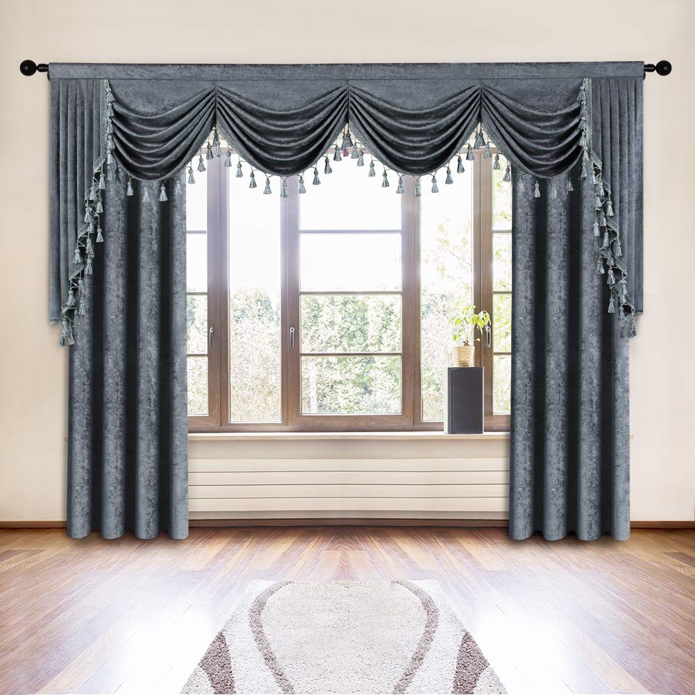 ELKCA Grey Chenille Swag Waterfall Window Curtains Valance for Living Room Moder