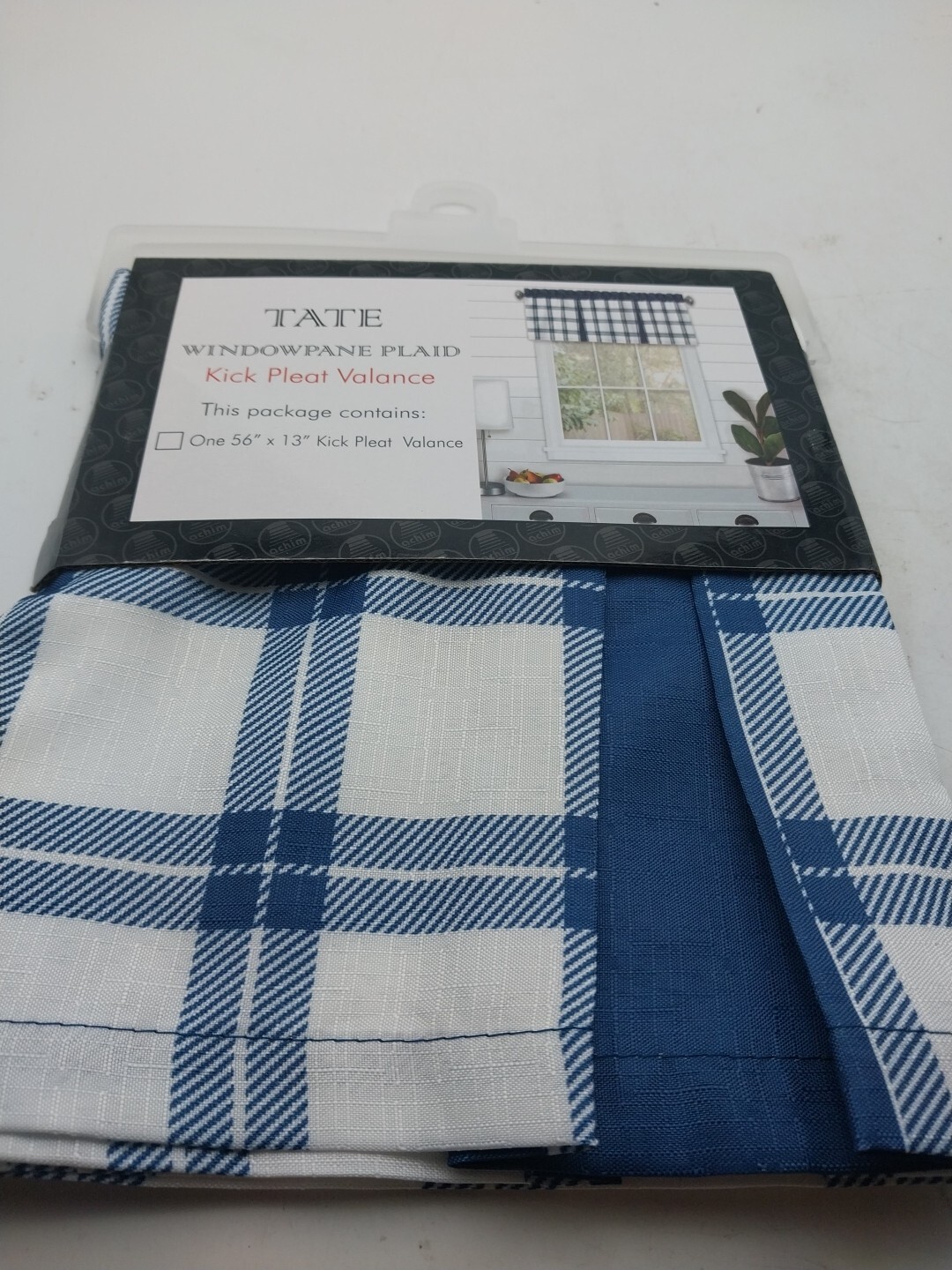 Achim Windowpane Plaid Kick Pleat Valance Curtain Blue 56in W x 13in L