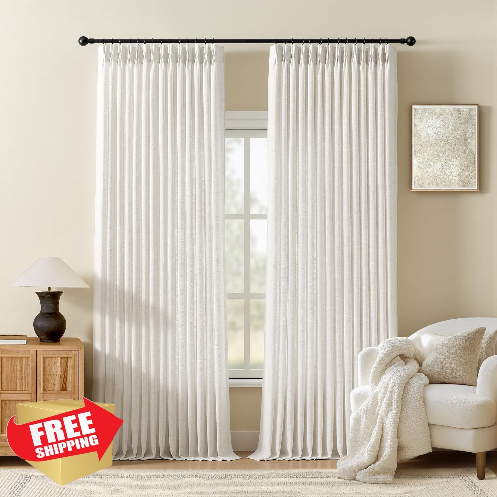 AUSSPVOCT Beige White 40″W x 96″L Linen Curtains 2pk