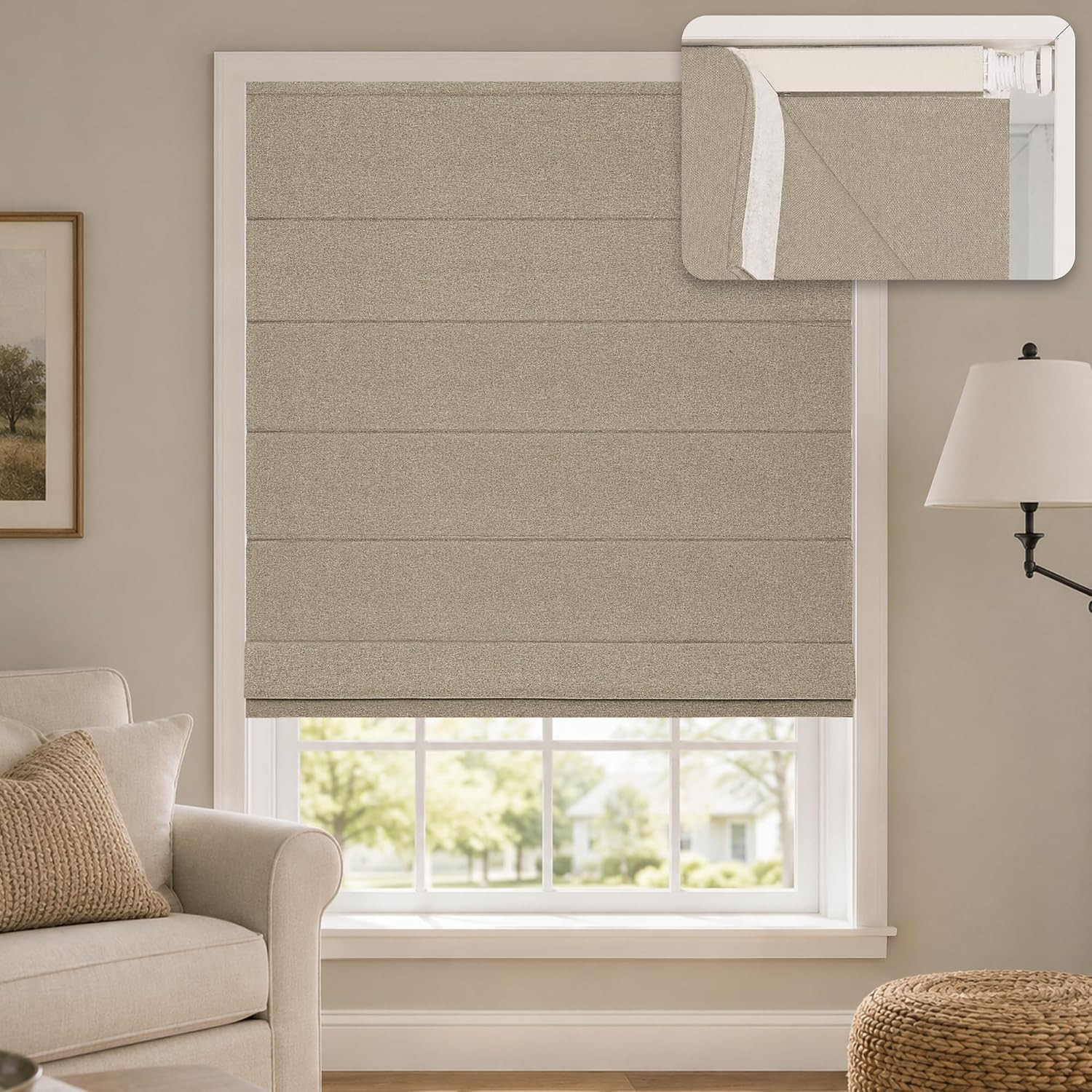 No Drill Cordless Roman Shades for Windows, Brown, 45″ W X 64″ H | 100% Blackout