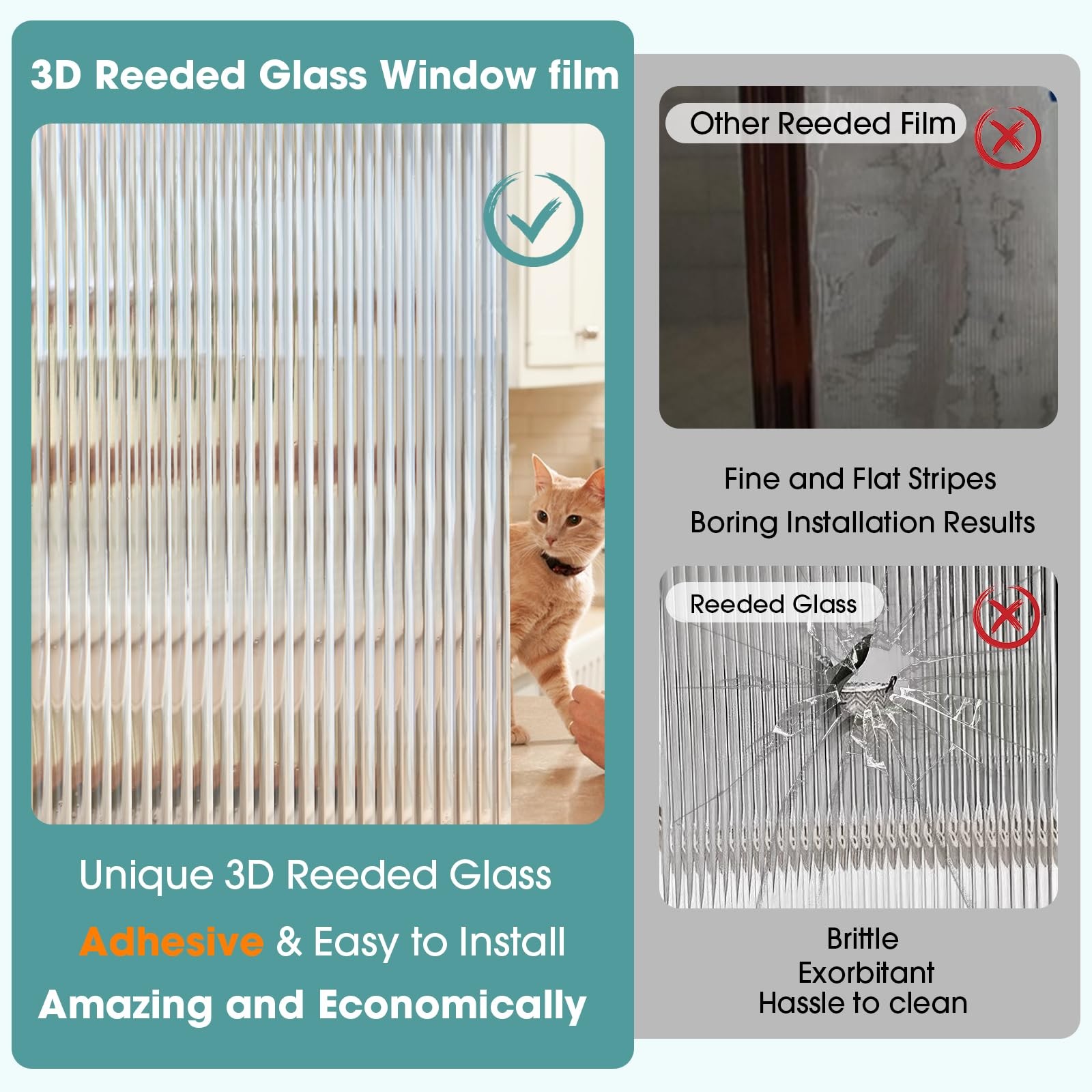 Window Privacy Film Reeded Glass Frosted 3D Fluted 17.5×78.7 in Translucent
