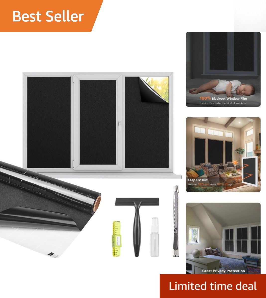 Window Privacy Film – 100% UV Block, Total Blackout Static Cling 17.5”x78.7”