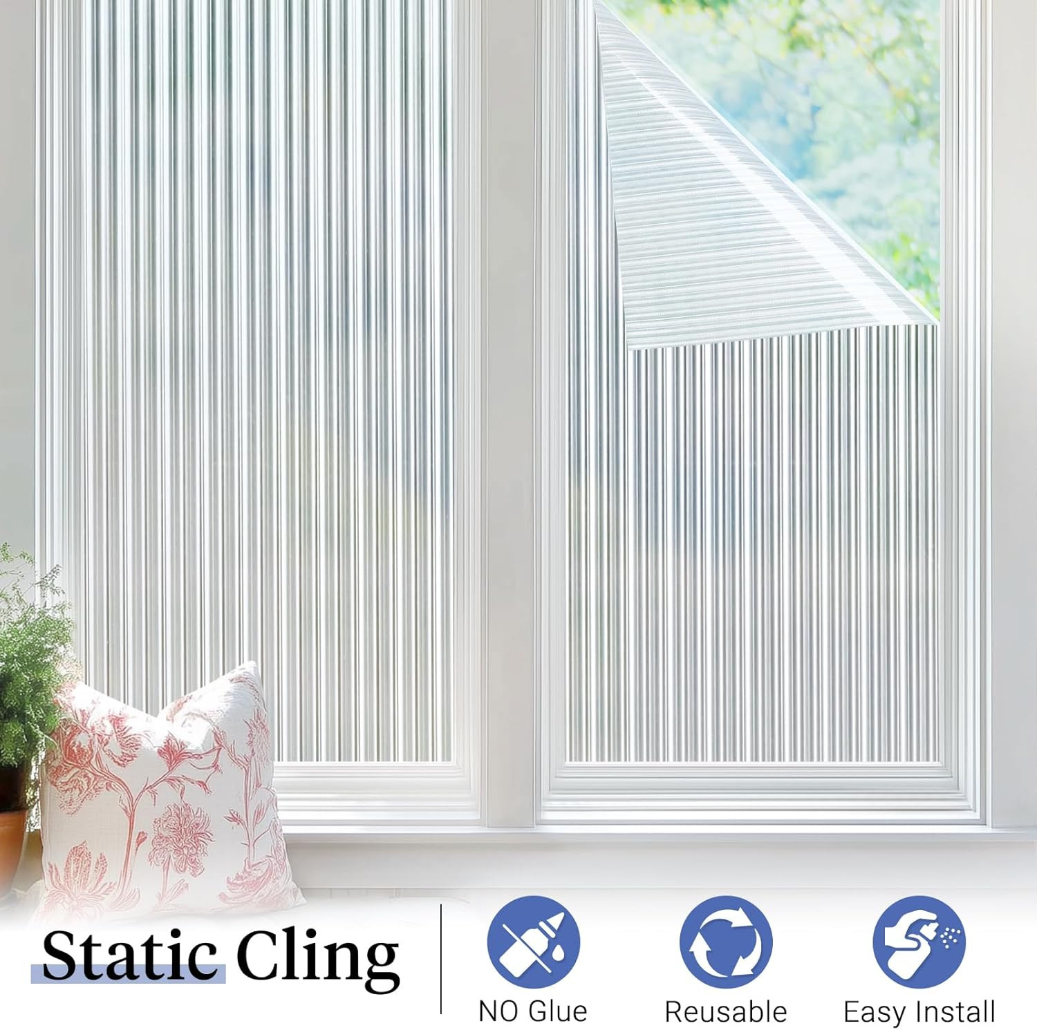 Haton Reeded Glass Window Privacy Film, Static Cling Non-Adhesive Frosted Film,