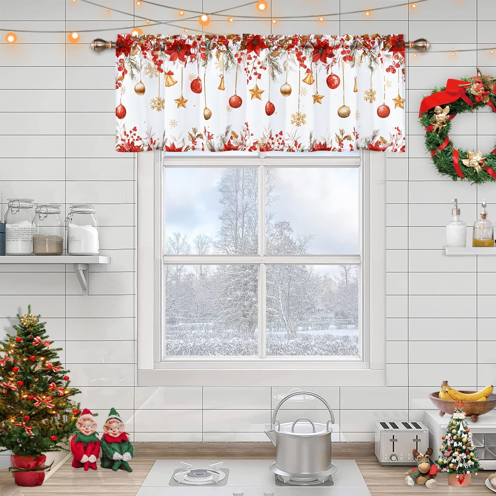 Christmas Valances for Windows, Snowflake Poinsettia Kitchen Valances for Win…
