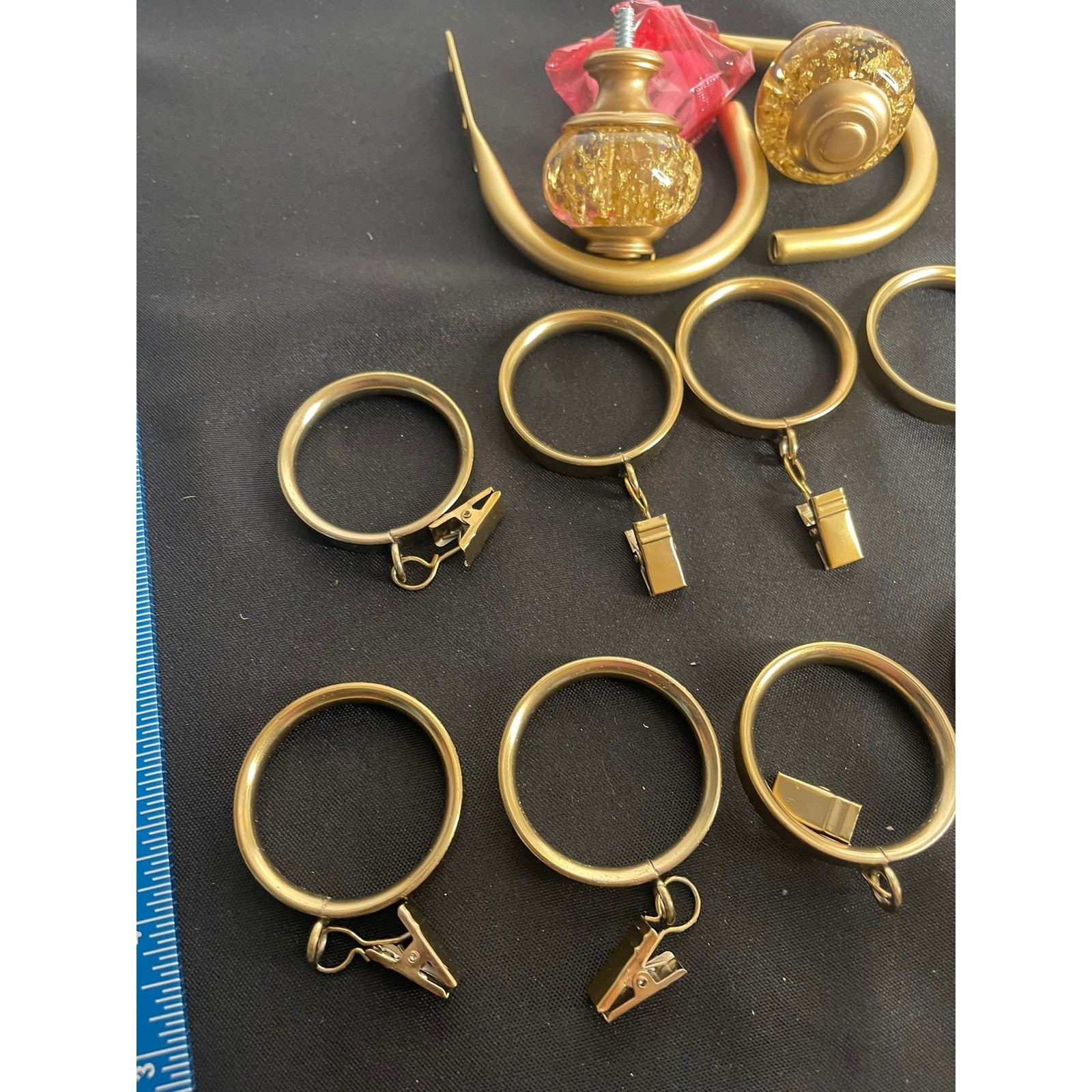Gold Curtain Hardware Set 12 Clip Rings and 2 Glass Finial J-Hook Holdbacks
