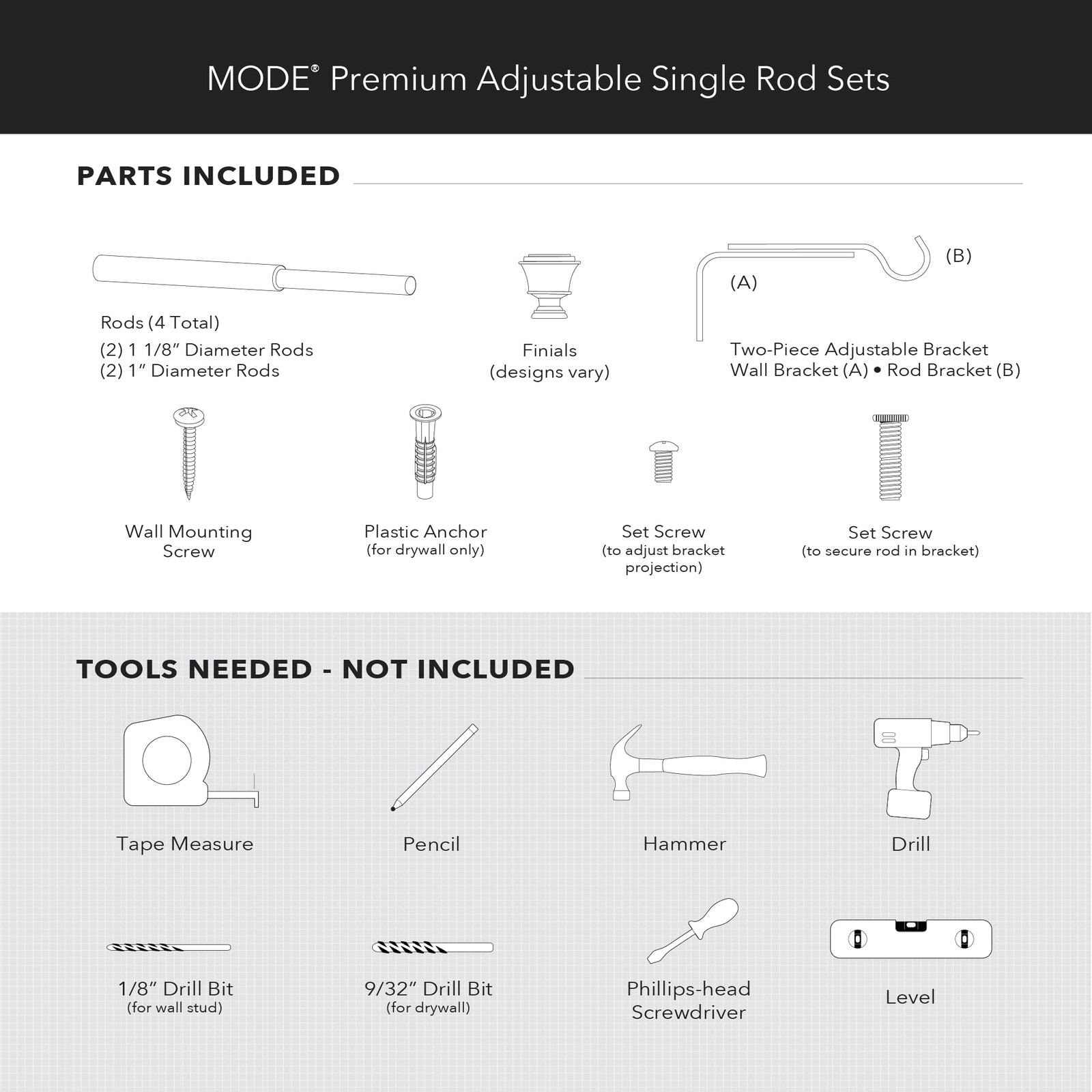Mode Premium Collection 1 1/8 Diameter Curtain Rod Set Brilliant Doorknob