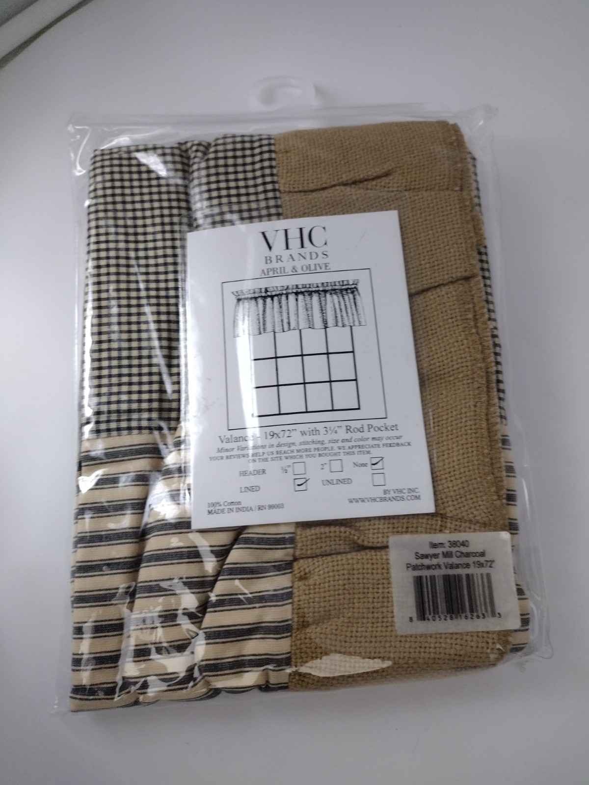 VHC Brands Patchwork Lined Valance 19″x72″ Sawyer Mill Charcoal