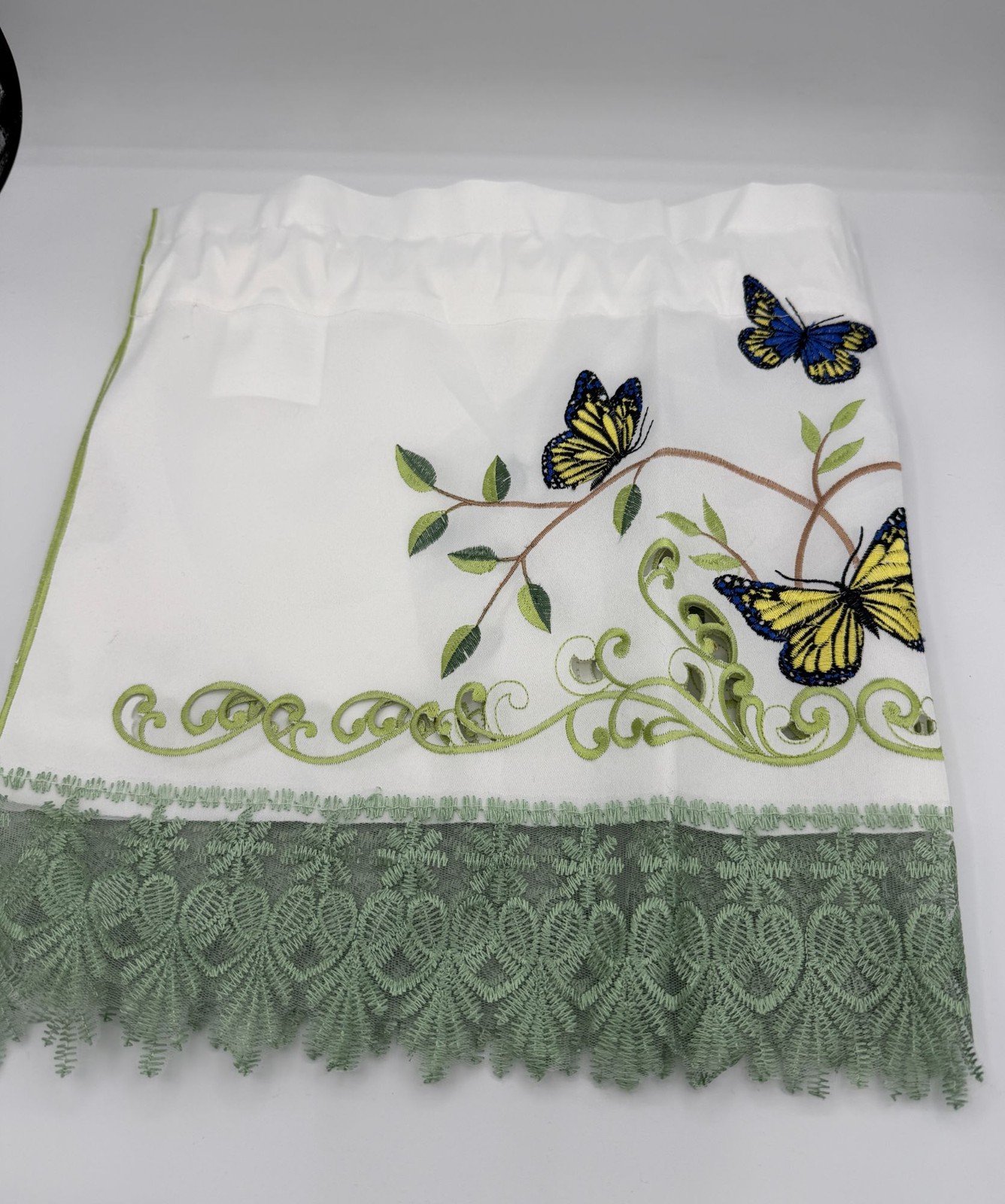 Butterfly Embroidered Window Valance Green Lace Trim Elegant White Curtain Panel