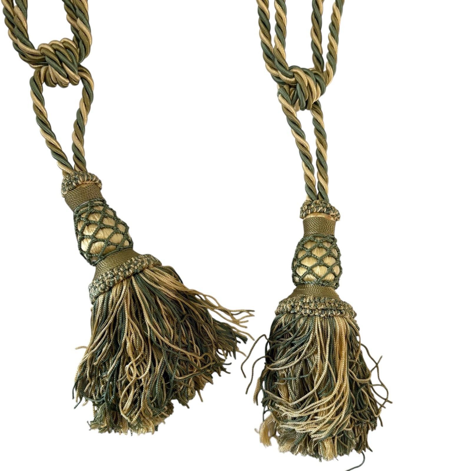 2 Decopro Drapery Curtain Tiebacks Green & Gold Woven Braided Knot Tassels