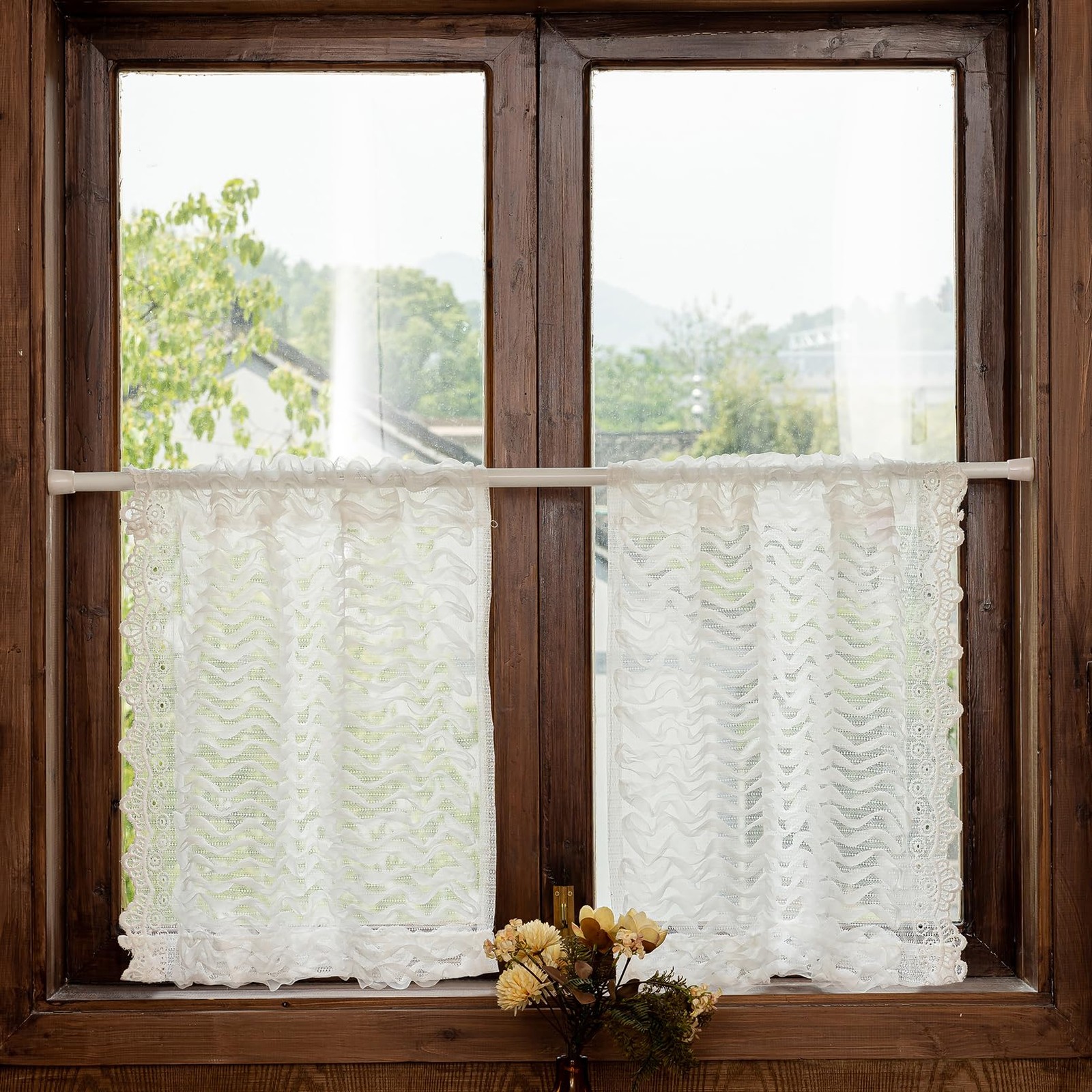 Short Lace Curtains 36 Inch Length – 2 Panels Shabby Chic Wavy Stripes Ruffle…