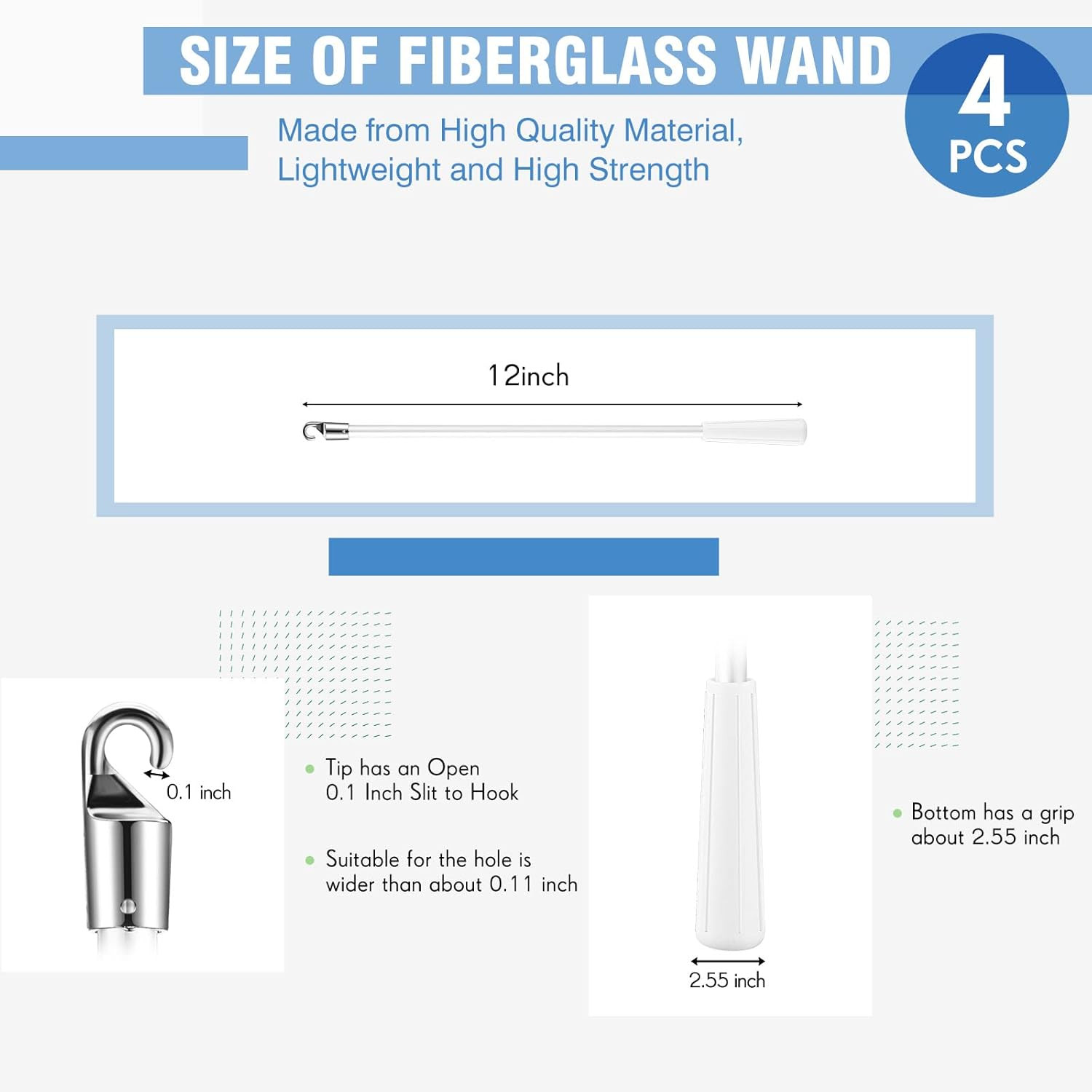 4 Pcs Blinds Wand Replacement with Hook and Handle White Fiberglass Long Vert…
