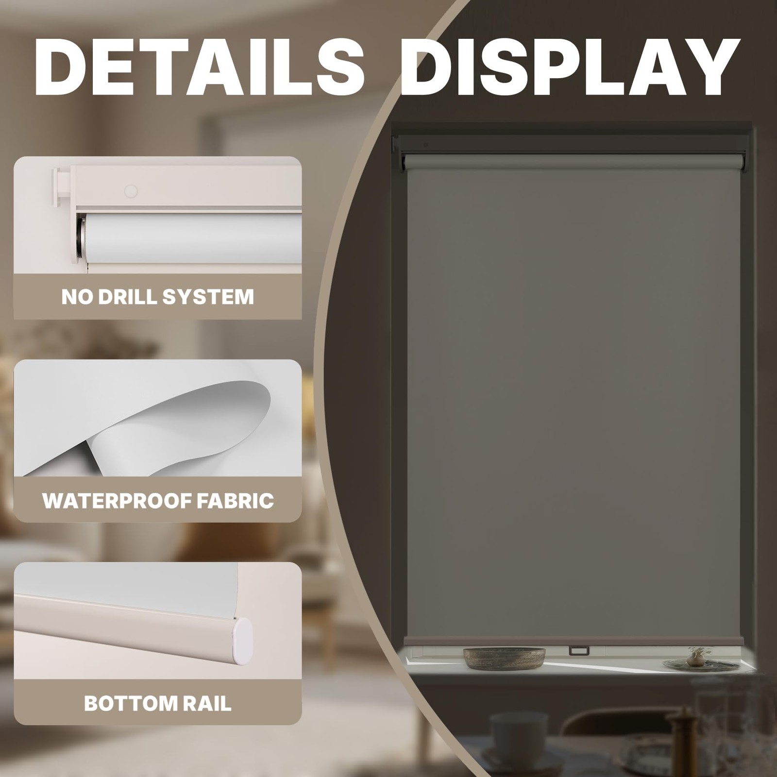 HESTIA No Drill Cordless Blackout Roller Shades Screwless Waterproof Shower W…