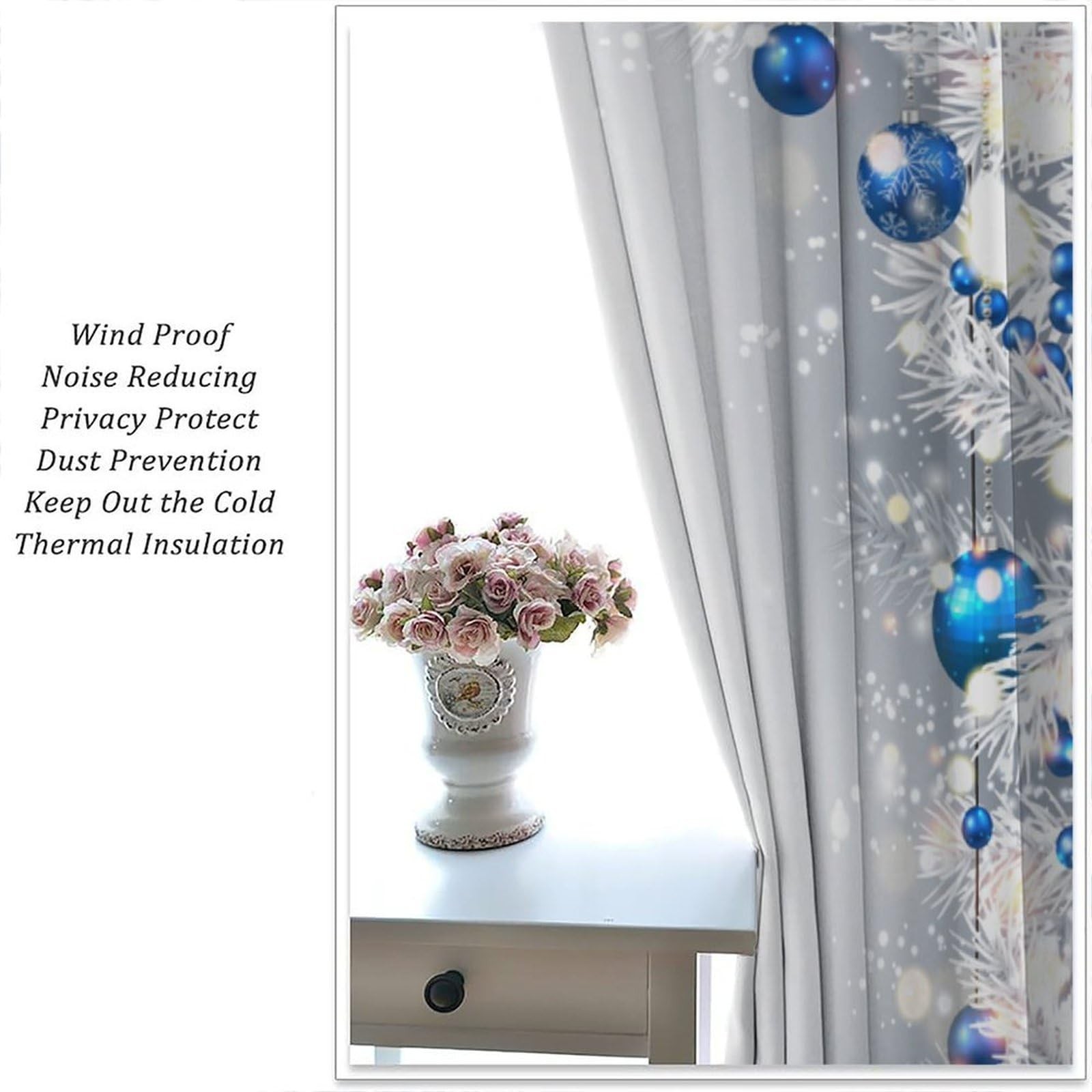 Blue Christmas Ball Curtains, Happy New Year Silver Fir Branches Winter Xmas …