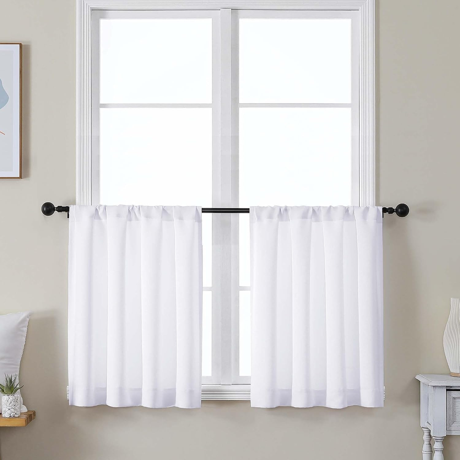 Ava Pure White Curtains 24 Inches Long 2 Panels, Light Filtering Half Window Rod