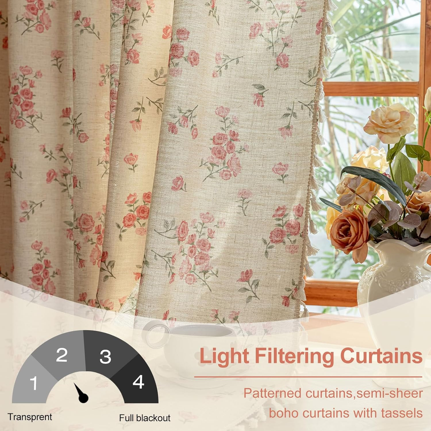 Pink Boho Floral Curtains 84 Inch Long 2 Panels, French Vintage Farmhouse Patter