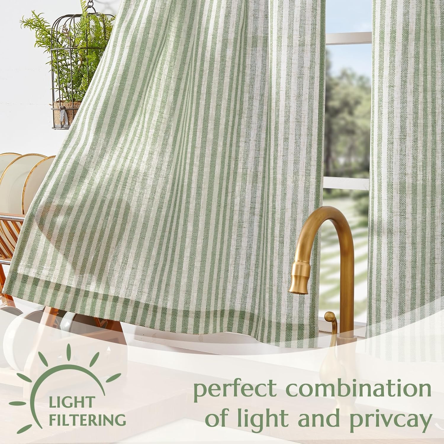Jinchan Striped Linen Kitchen Curtains 36 Inches Length Tier Curtains Farmhouse