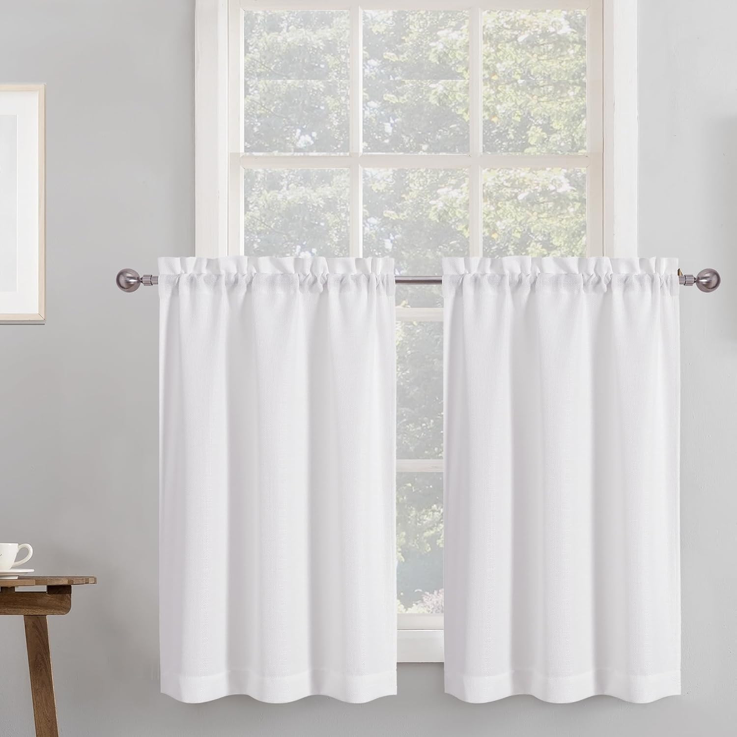 2 Panels White Kitchen Curtains 36 Inch Length Tier Curtain, Faux Linen Textured