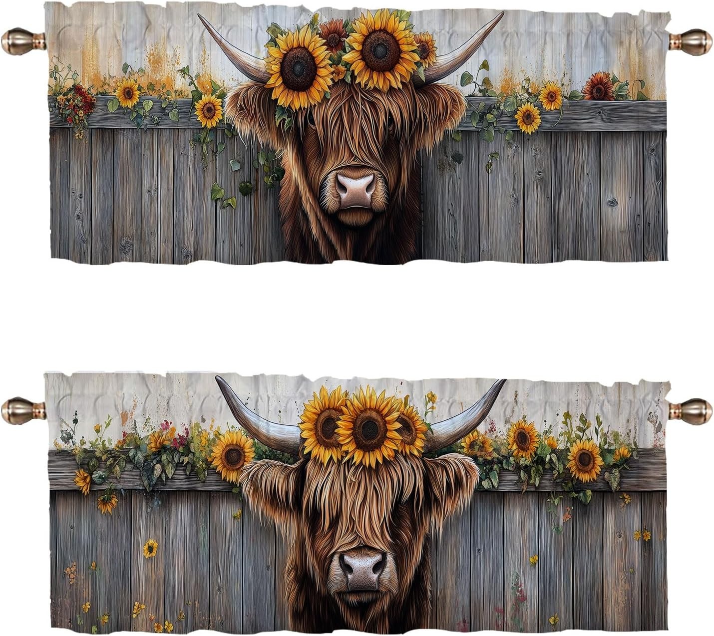 Valances Curtains for Kitchen 52″W x 18″L (Pack of 2) Highland Cow Sunflower