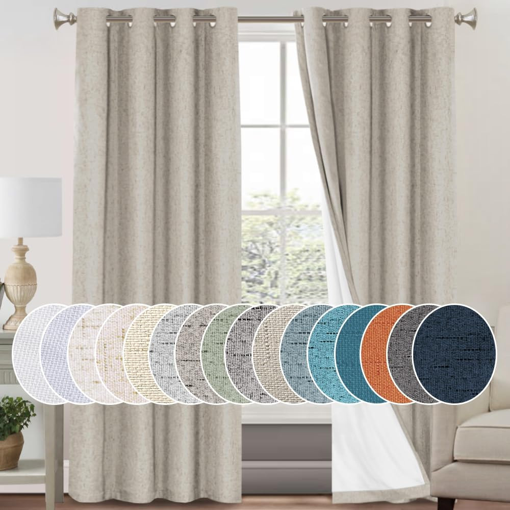 Linen Blackout Curtains 84″ Long, Grommet Soundproof Drapes, Set of 2, Cobblesto