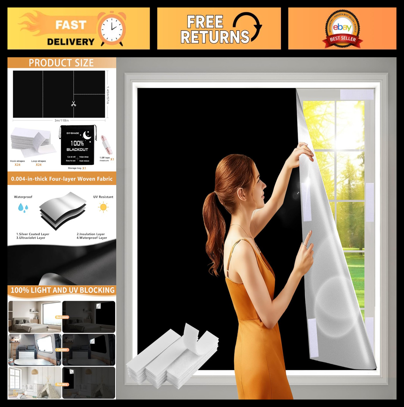 100% Blackout Curtains 57×118″ – Portable No Drill Shades, Cuttable Window Cover