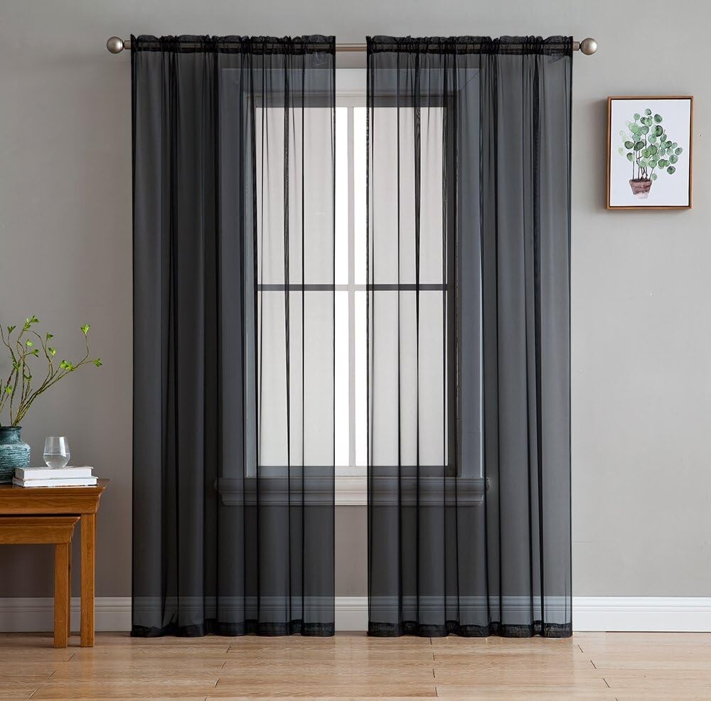Black Sheer Voile Window Treatment Rod Pocket Curtain Panels 108″ x 84″