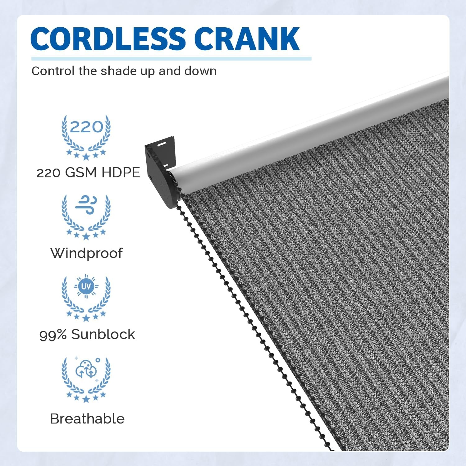 Outdoor Roller Shade, 10′(W) x 8′(H) Sun Shade Cover Canopy 220GSM HDPE with 99%