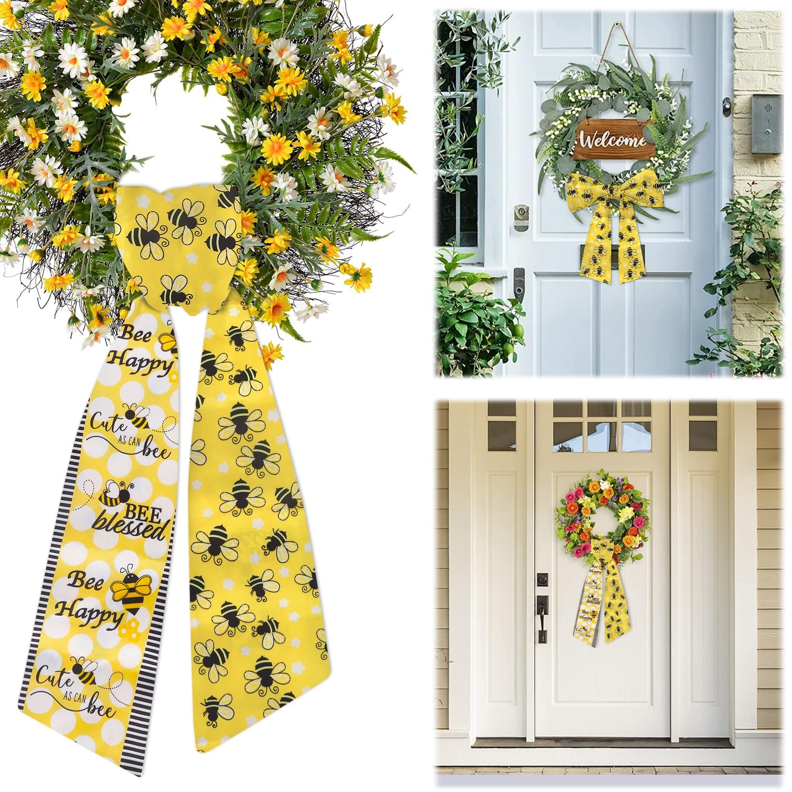 Spring Wreath Sash for Front Door Yellow Bees Sash Holiday Wreath Accessories…