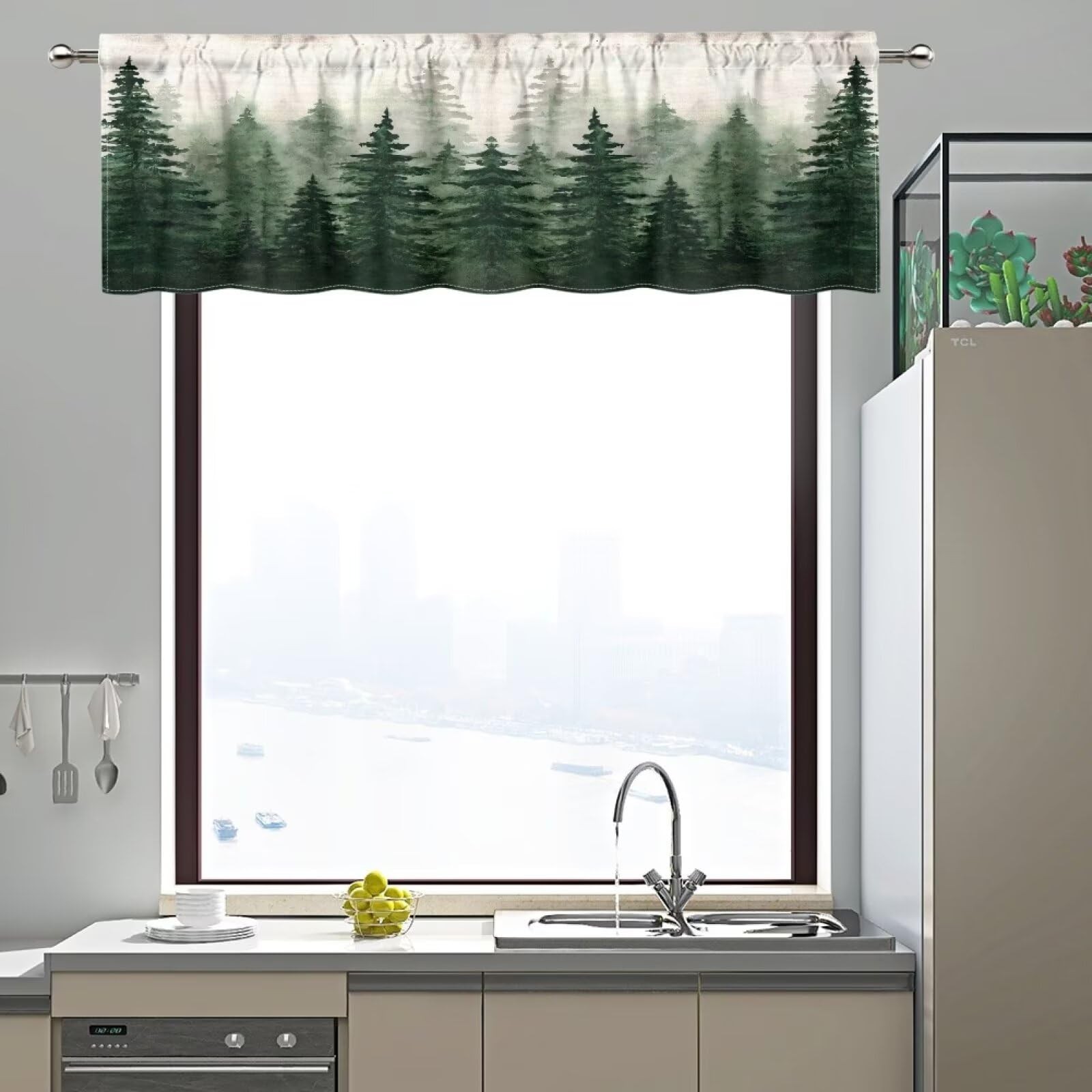 Forest Valance Curtains for Window, Nature Green Old Misty Forest Kitchen Val…
