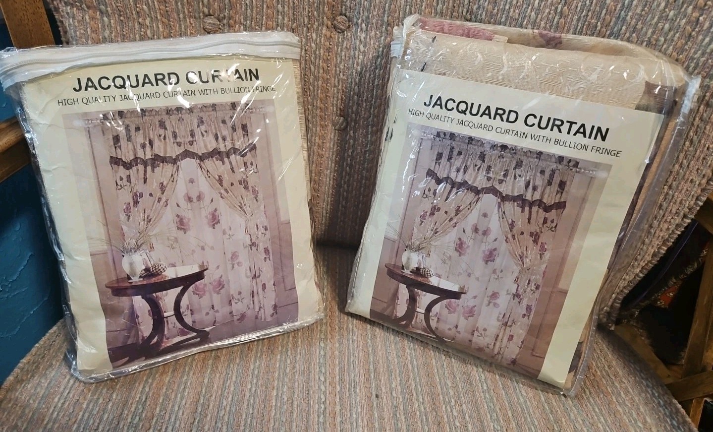Jacquard Granny Core Curtain Set w/Bullion Fringe 59×84 Set of 2 Purple Floral